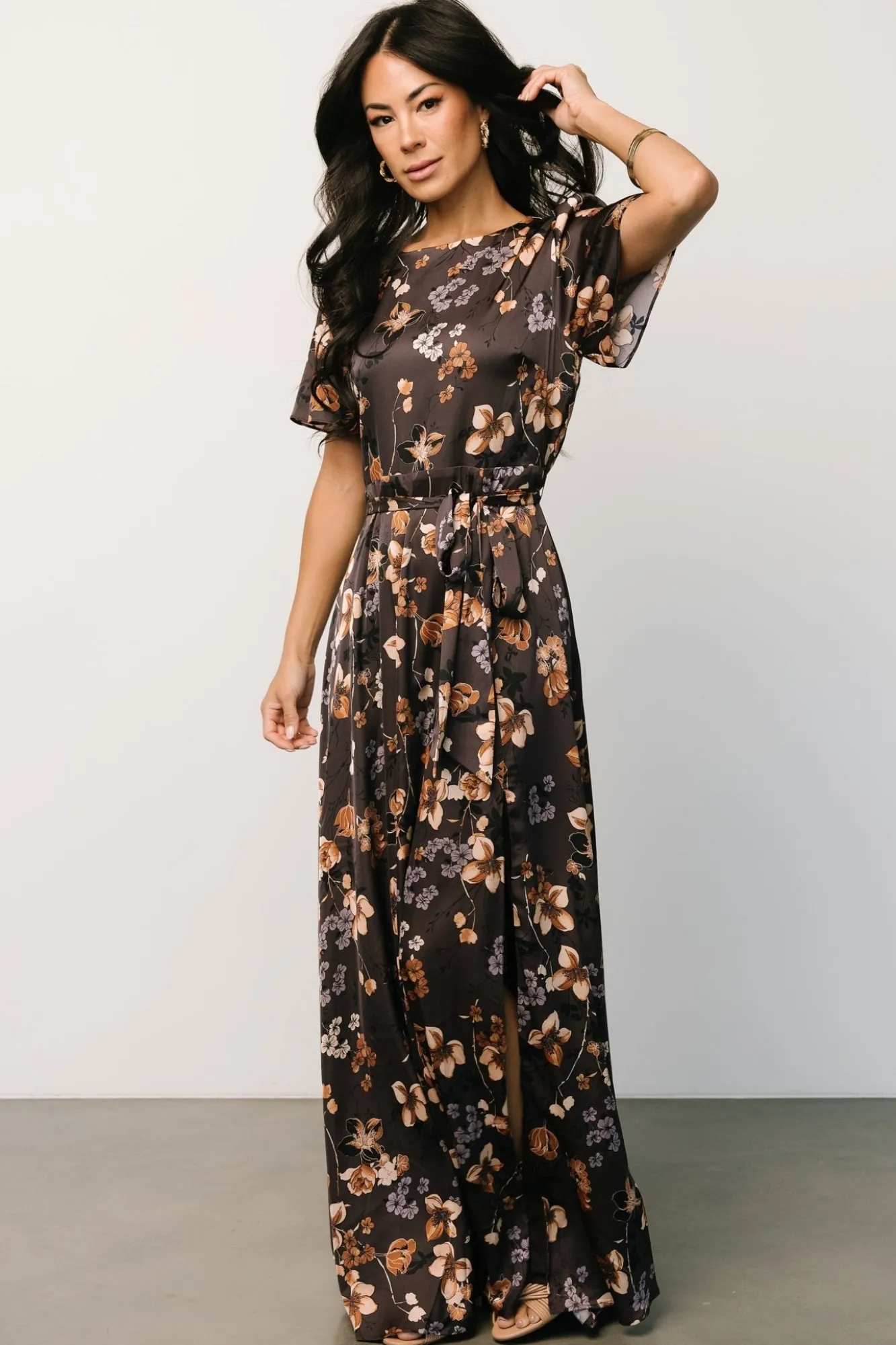 Baltic Born Agnes Satin Maxi Dress | Brown Floral