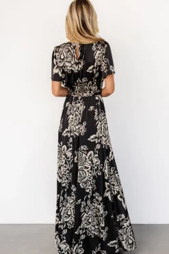 Baltic Born Agnes Satin Maxi Dress | Black + Cream Floral