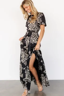 Baltic Born Agnes Satin Maxi Dress | Black + Cream Floral