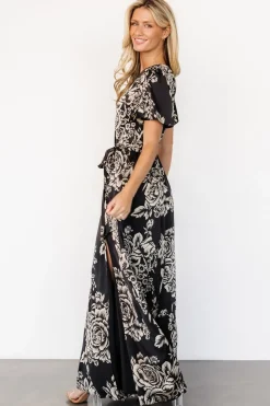 Baltic Born Agnes Satin Maxi Dress | Black + Cream Floral