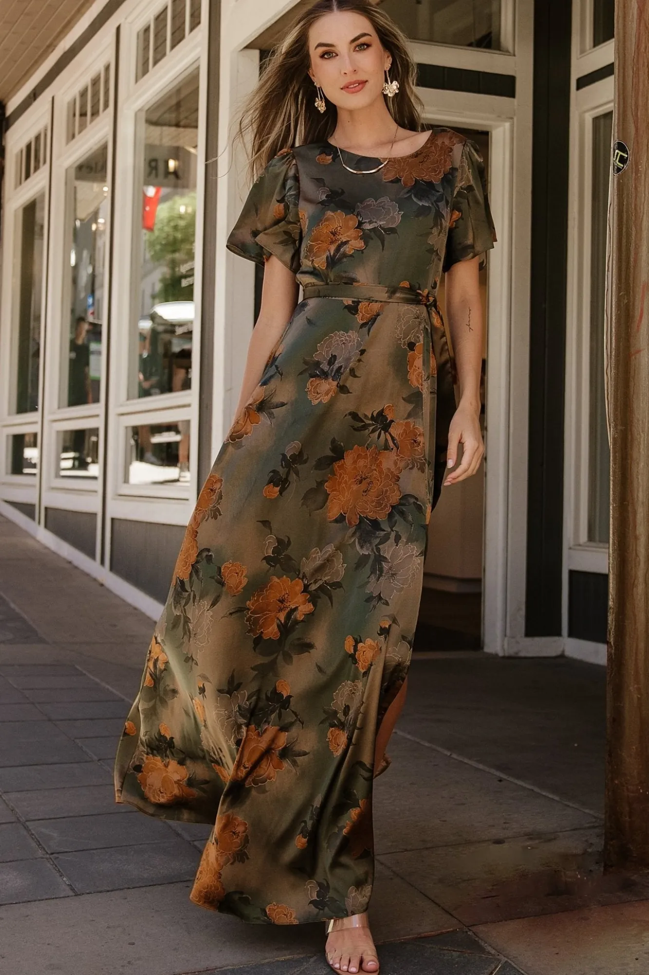 Baltic Born Agnes Satin Maxi Dress | Olive Floral