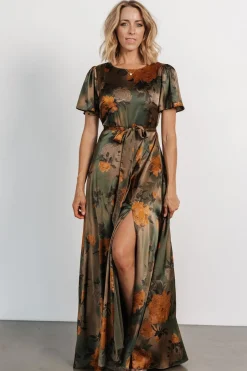 Baltic Born Agnes Satin Maxi Dress | Olive Floral