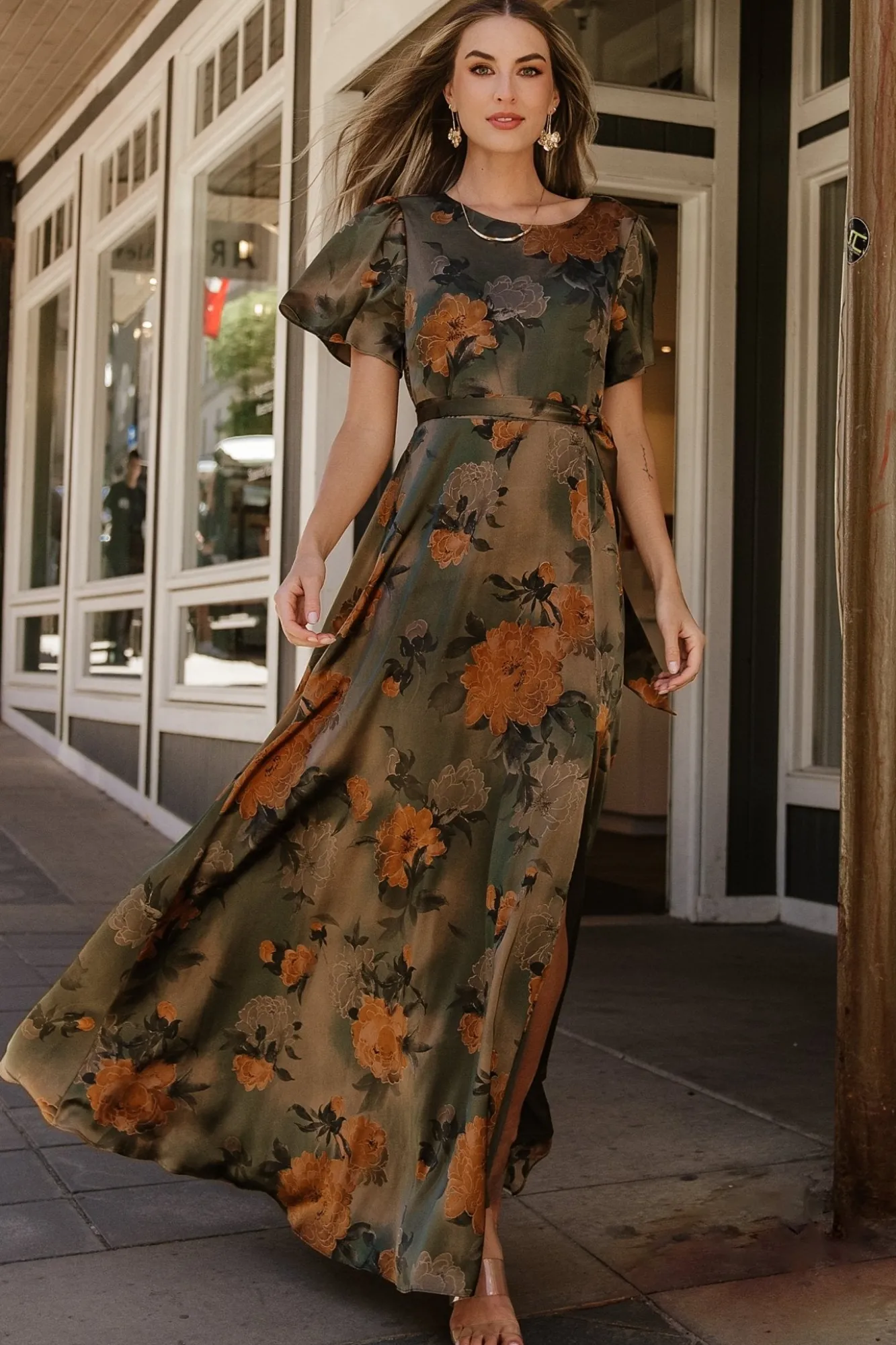 Baltic Born Agnes Satin Maxi Dress | Olive Floral