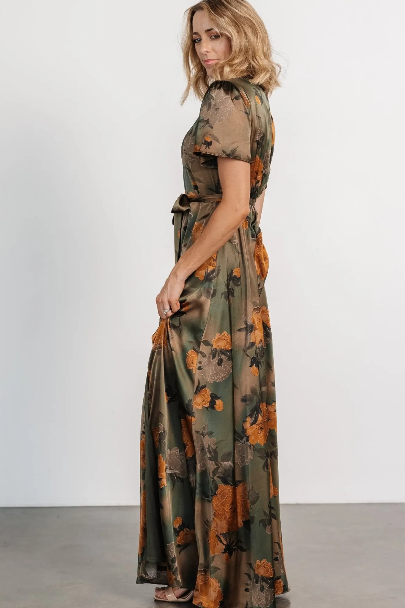 Baltic Born Agnes Satin Maxi Dress | Olive Floral