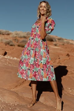Baltic Born Aimee Puff Sleeve Midi Dress | Pink Multi