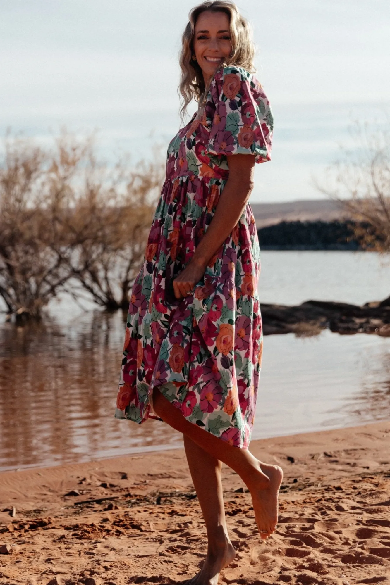 Baltic Born Aimee Puff Sleeve Midi Dress | Pink Multi