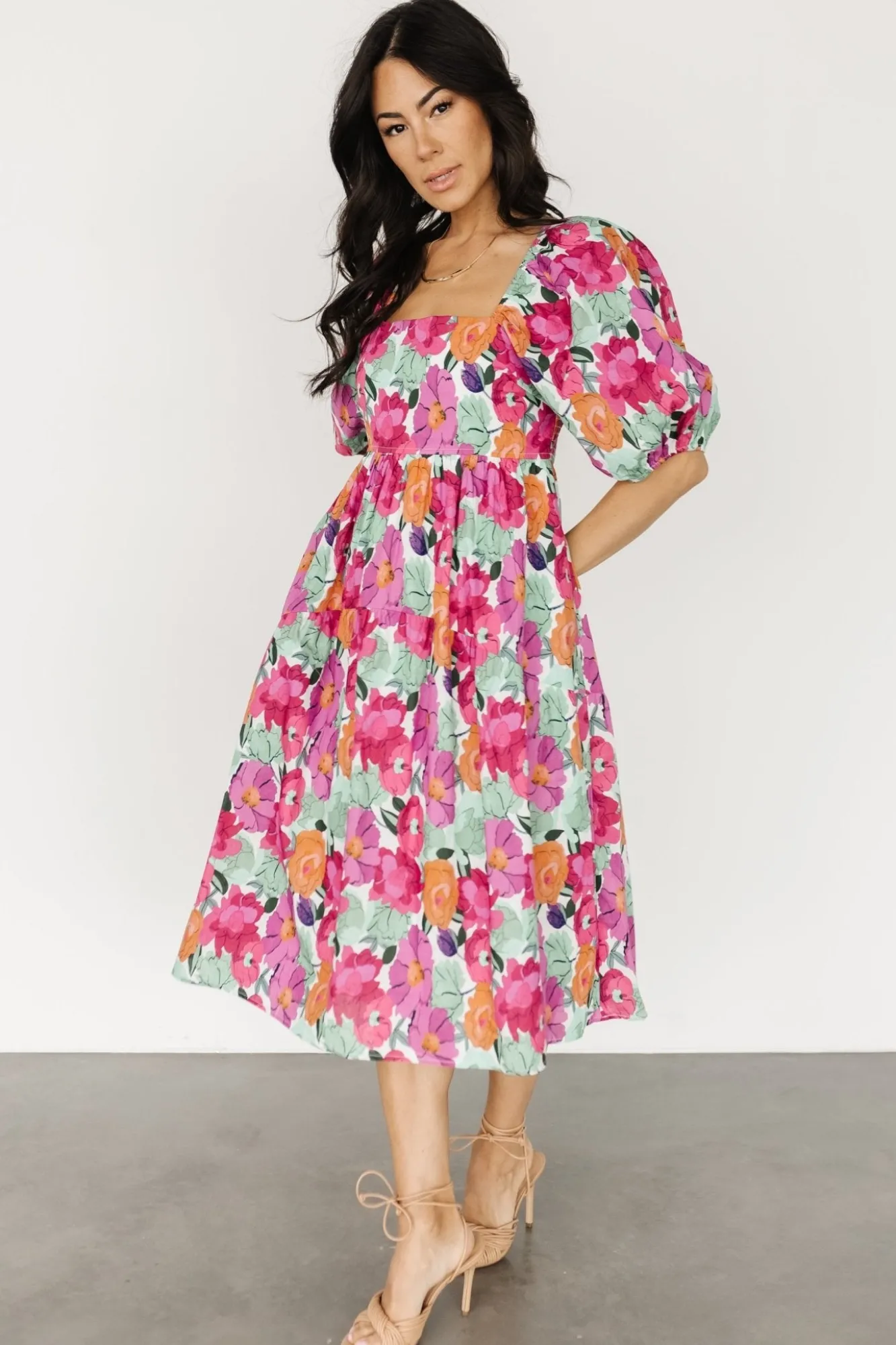Baltic Born Aimee Puff Sleeve Midi Dress | Pink Multi