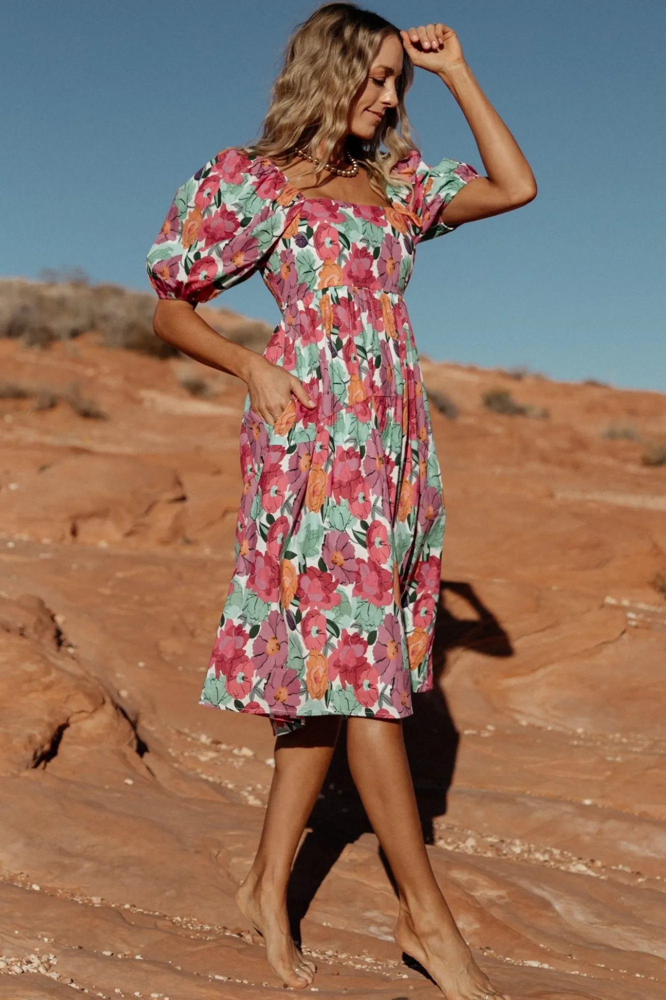 Baltic Born Aimee Puff Sleeve Midi Dress | Pink Multi