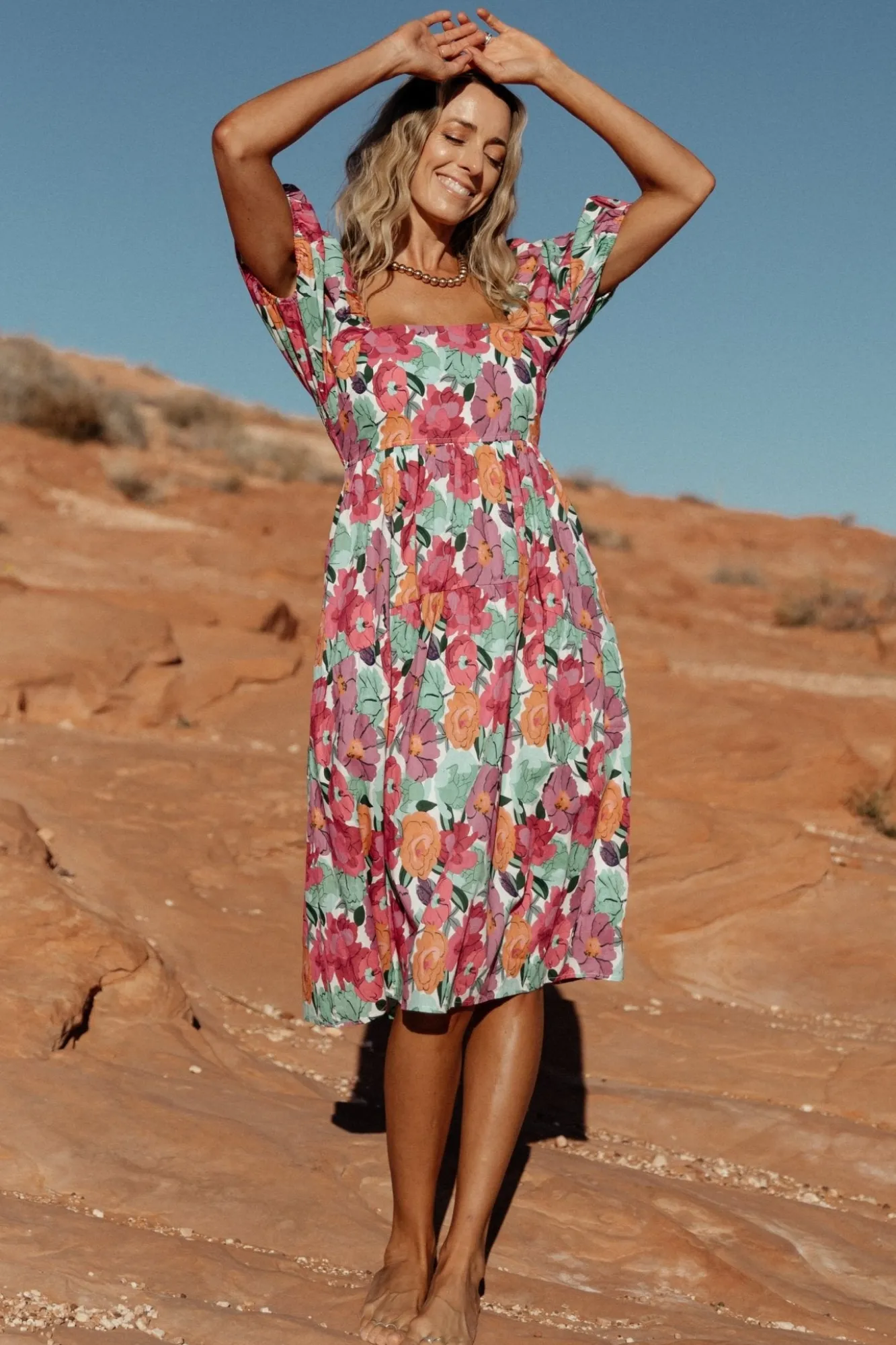 Baltic Born Aimee Puff Sleeve Midi Dress | Pink Multi