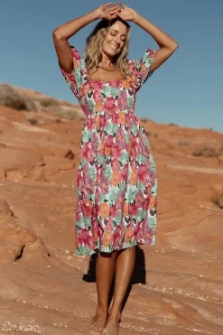 Baltic Born Aimee Puff Sleeve Midi Dress | Pink Multi