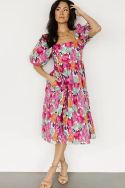 Baltic Born Aimee Puff Sleeve Midi Dress | Pink Multi