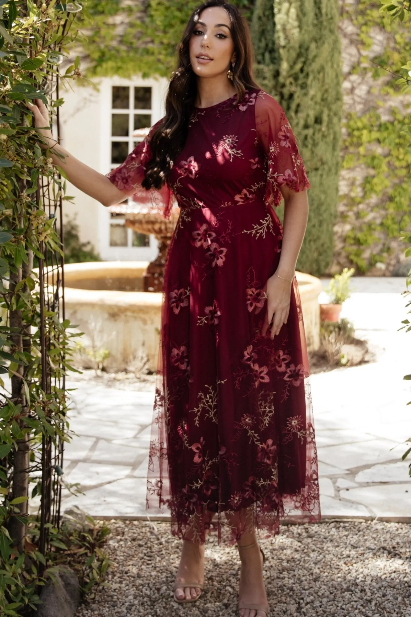 Baltic Born Arabella Embroidered Tulle Maxi Dress | Burgundy Floral