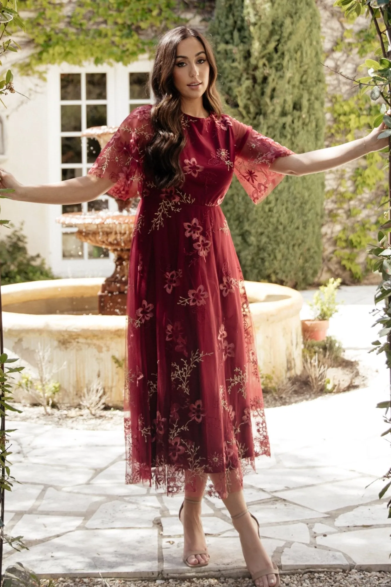 Baltic Born Arabella Embroidered Tulle Maxi Dress | Burgundy Floral