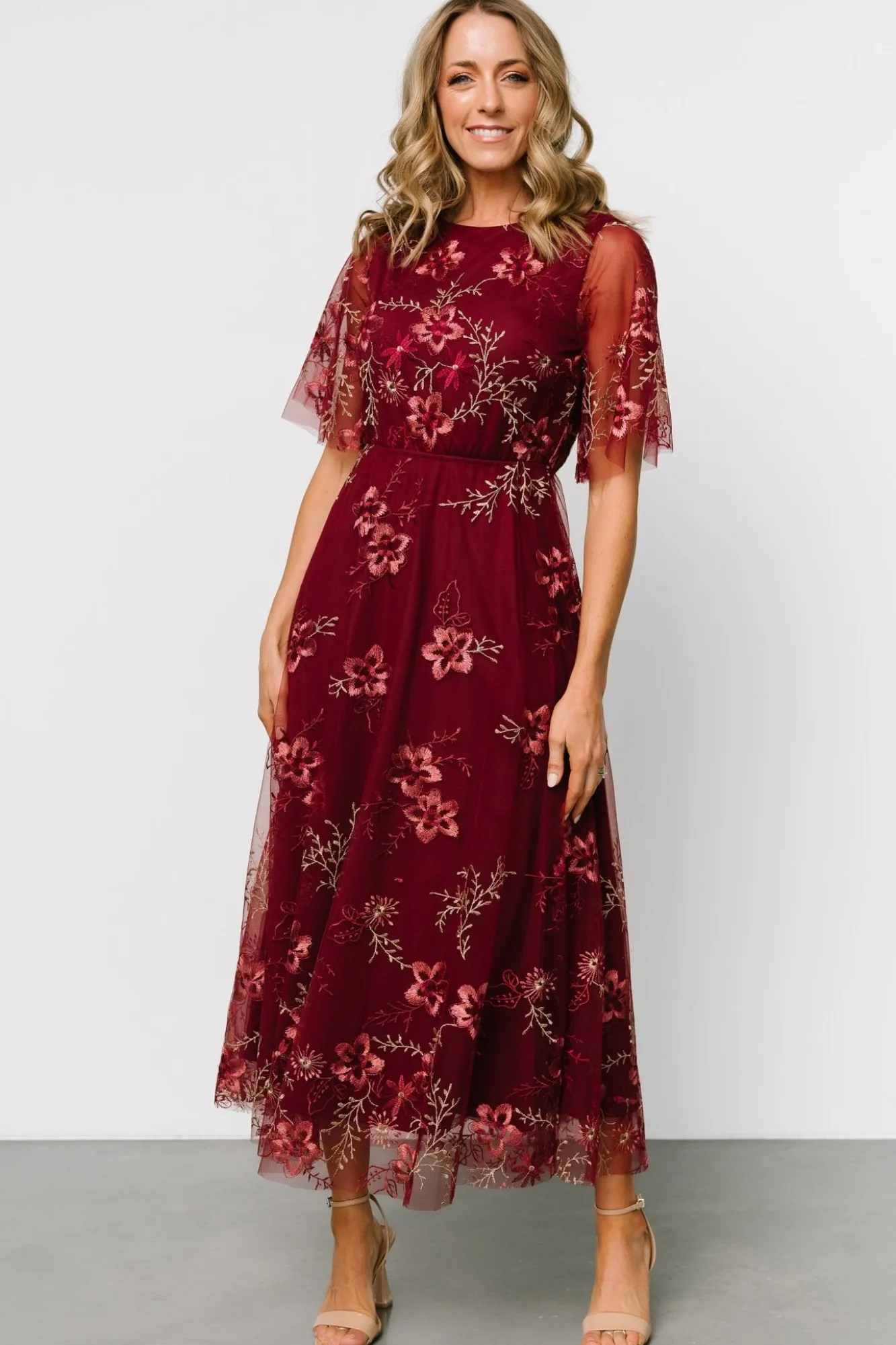 Baltic Born Arabella Embroidered Tulle Maxi Dress | Burgundy Floral