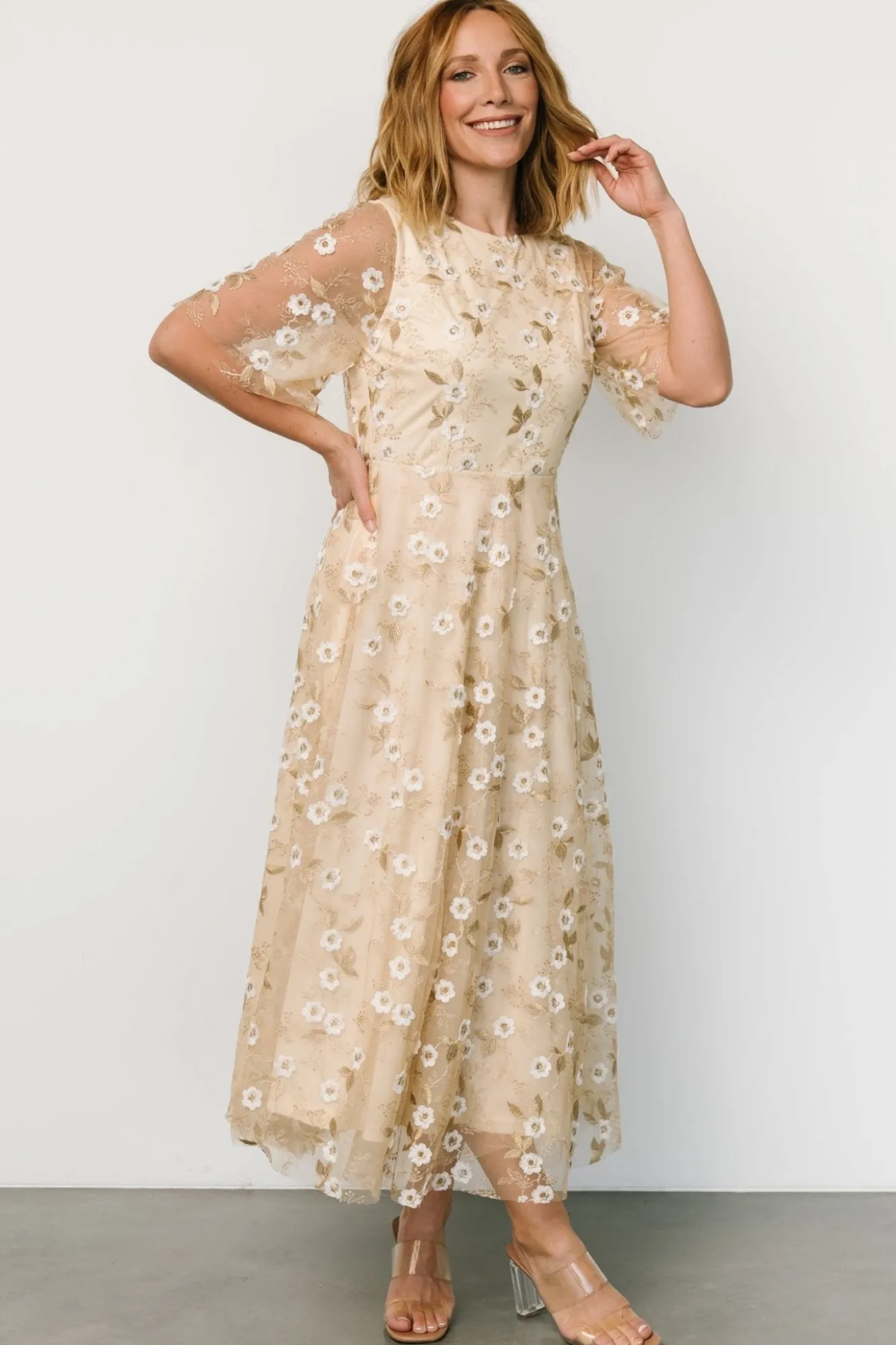 Baltic Born Arabella Embroidered Tulle Maxi Dress | Gold + White