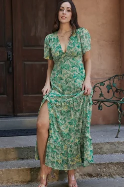 Baltic Born Audrey Deep V Maxi Dress | Green Floral