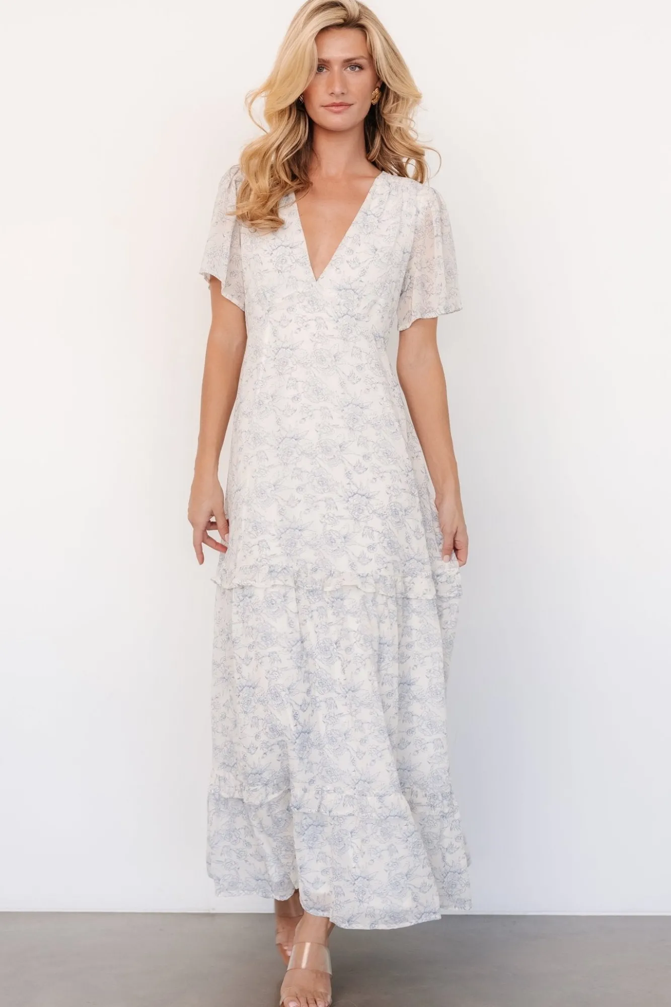 Baltic Born Audrey Deep V Maxi Dress | Off White + Blue Floral