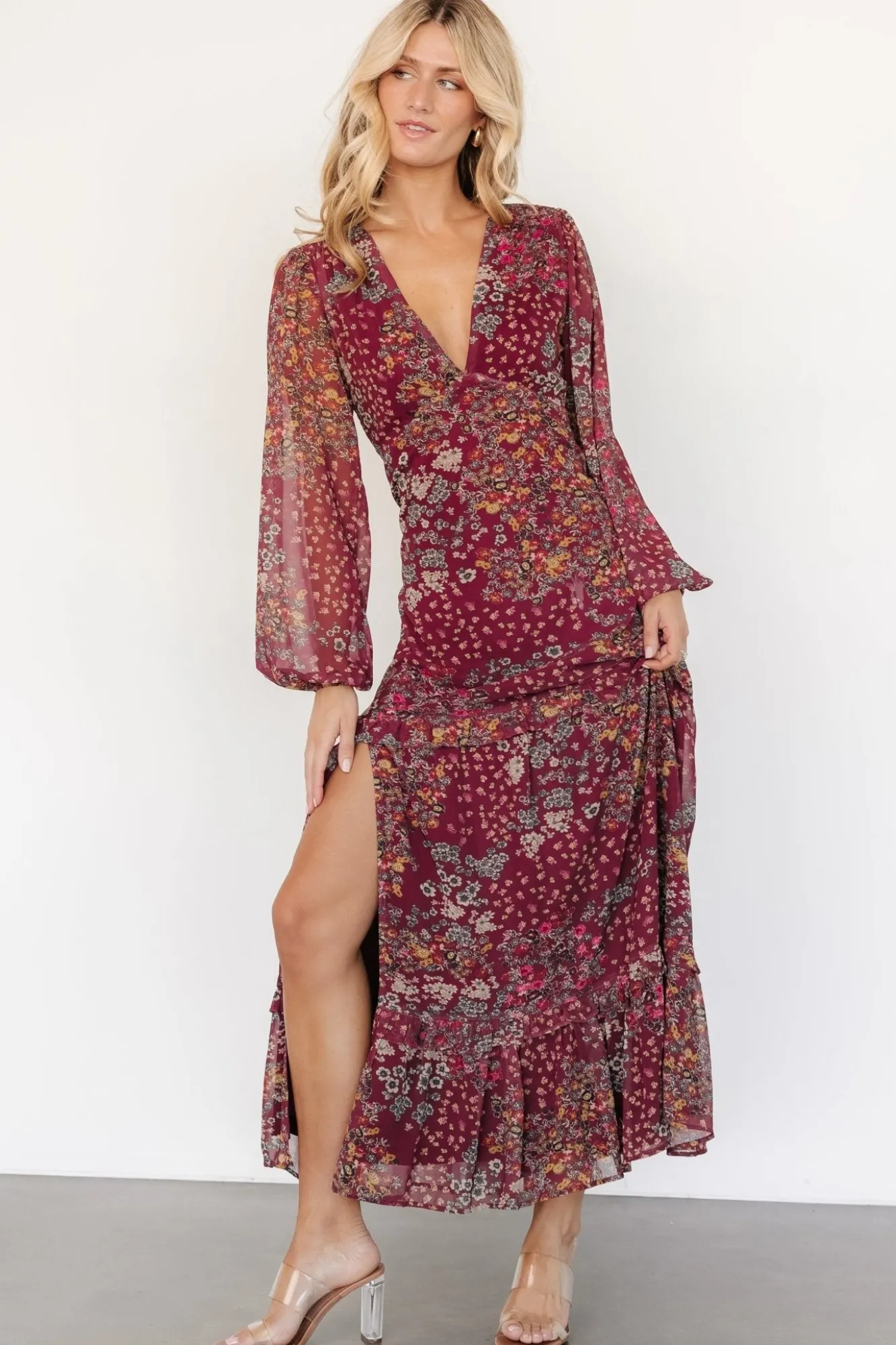 Baltic Born Bowman Deep V Maxi Dress | Burgundy Multi