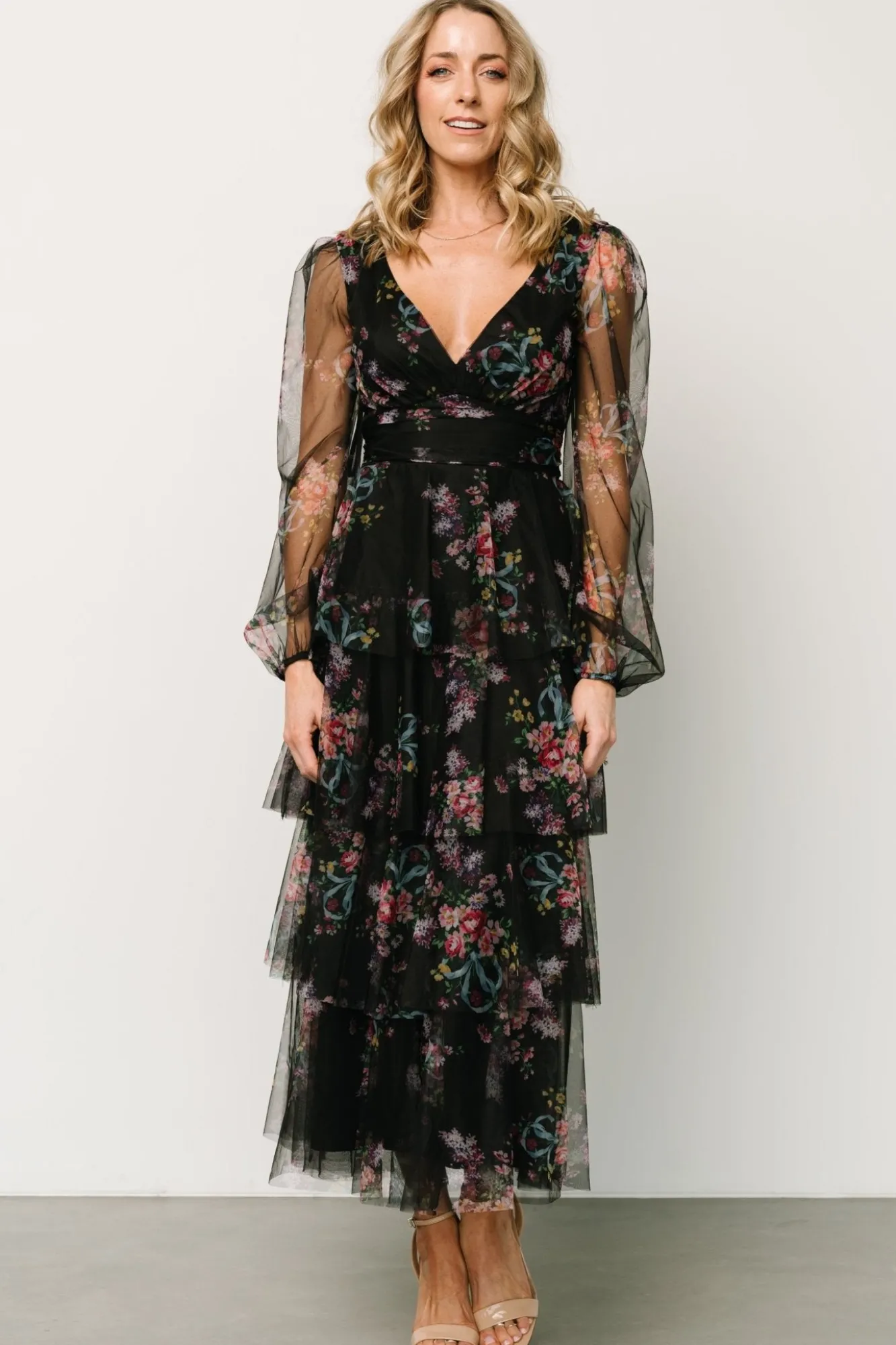 Baltic Born Carolina Tulle Tiered Maxi Dress | Black Floral