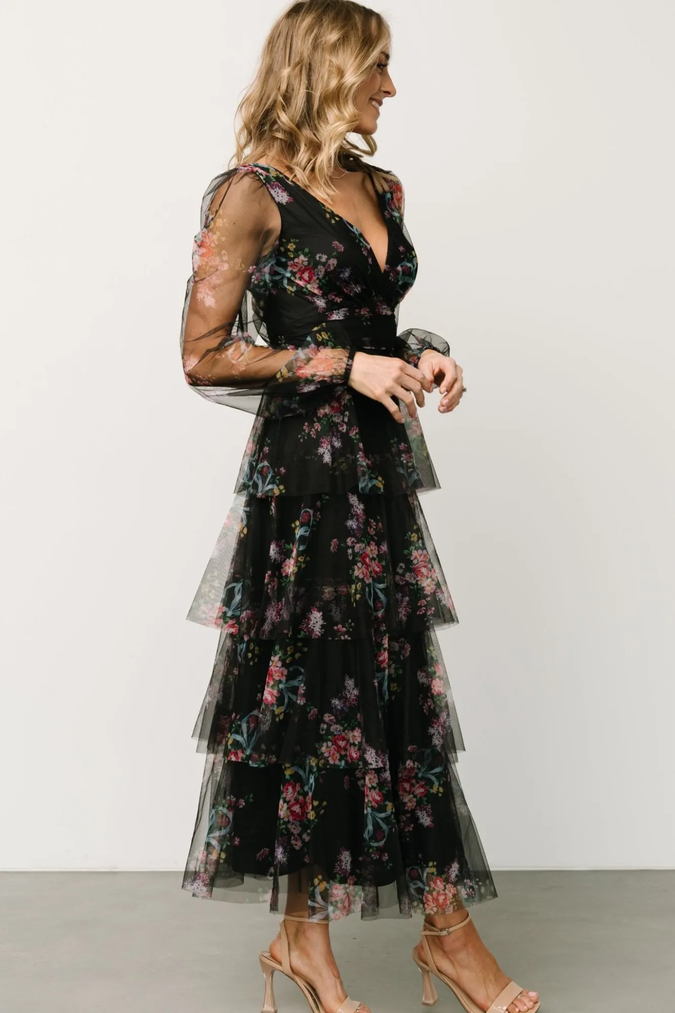 Baltic Born Carolina Tulle Tiered Maxi Dress | Black Floral
