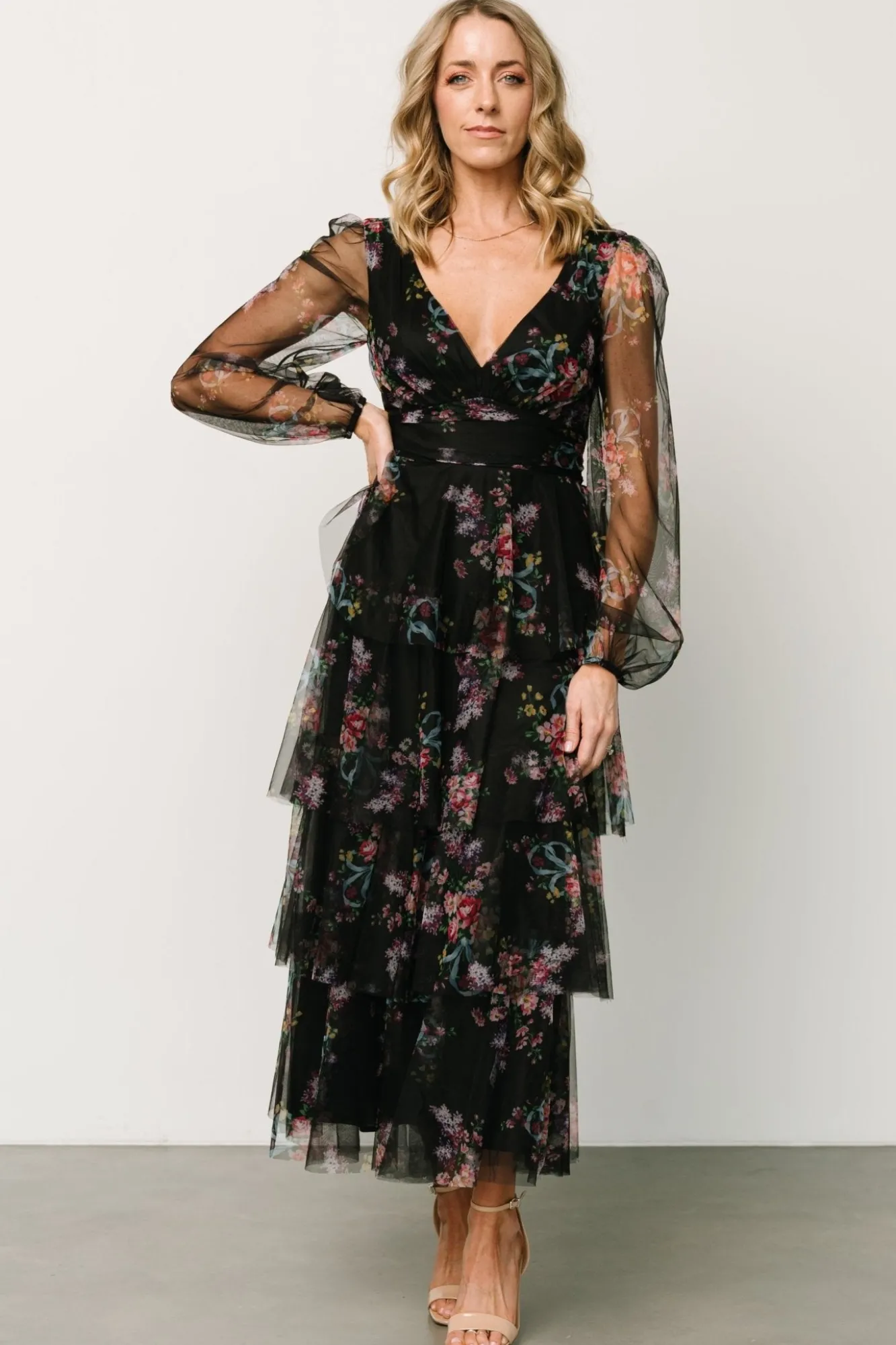 Baltic Born Carolina Tulle Tiered Maxi Dress | Black Floral