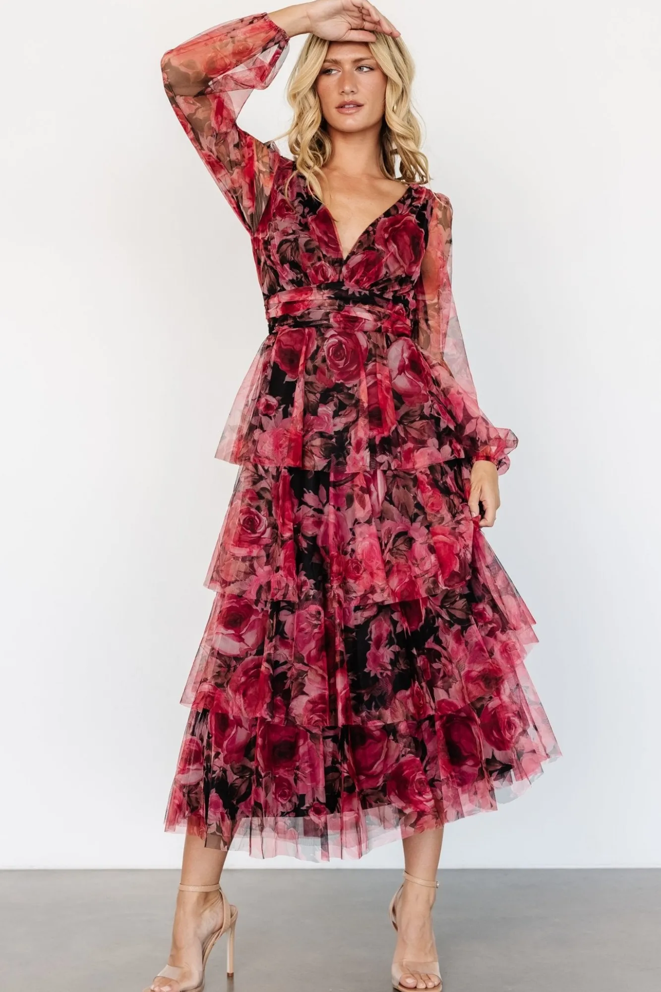 Baltic Born Carolina Tulle Tiered Maxi Dress | Red + Black Floral