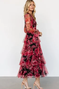 Baltic Born Carolina Tulle Tiered Maxi Dress | Red + Black Floral