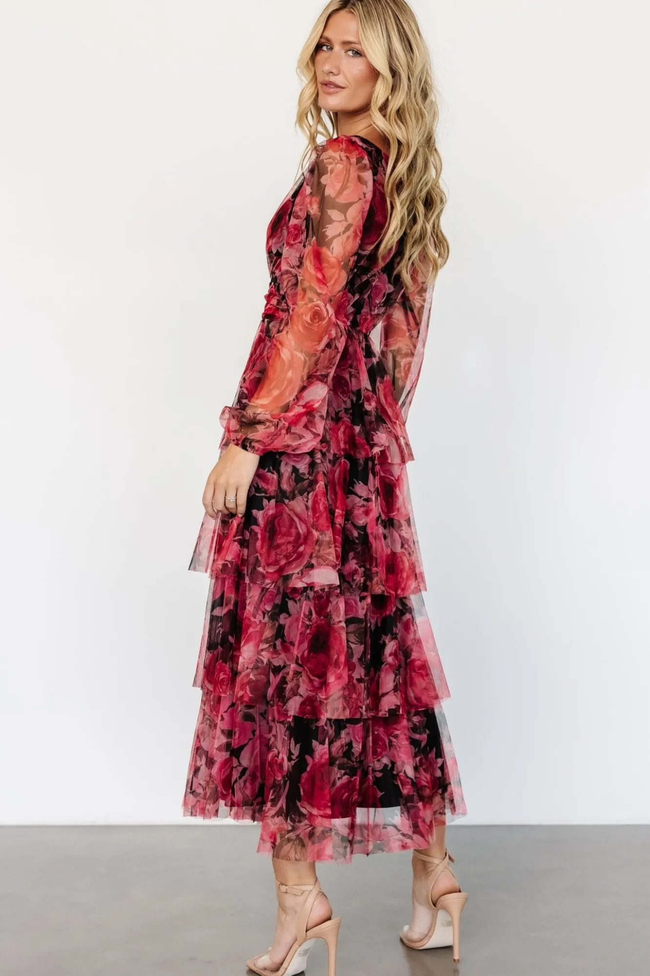Baltic Born Carolina Tulle Tiered Maxi Dress | Red + Black Floral