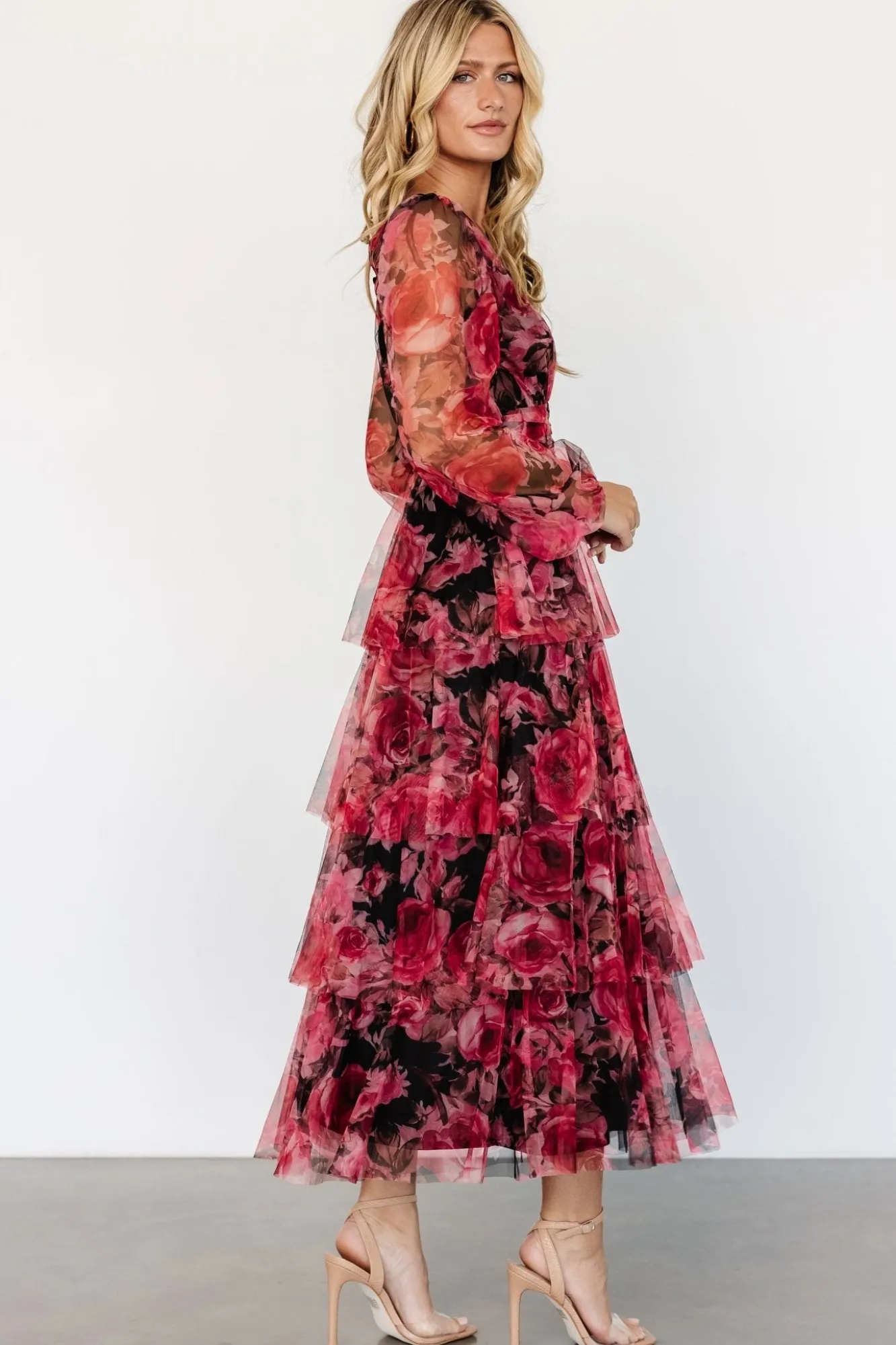 Baltic Born Carolina Tulle Tiered Maxi Dress | Red + Black Floral