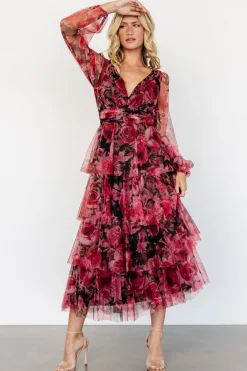 Baltic Born Carolina Tulle Tiered Maxi Dress | Red + Black Floral
