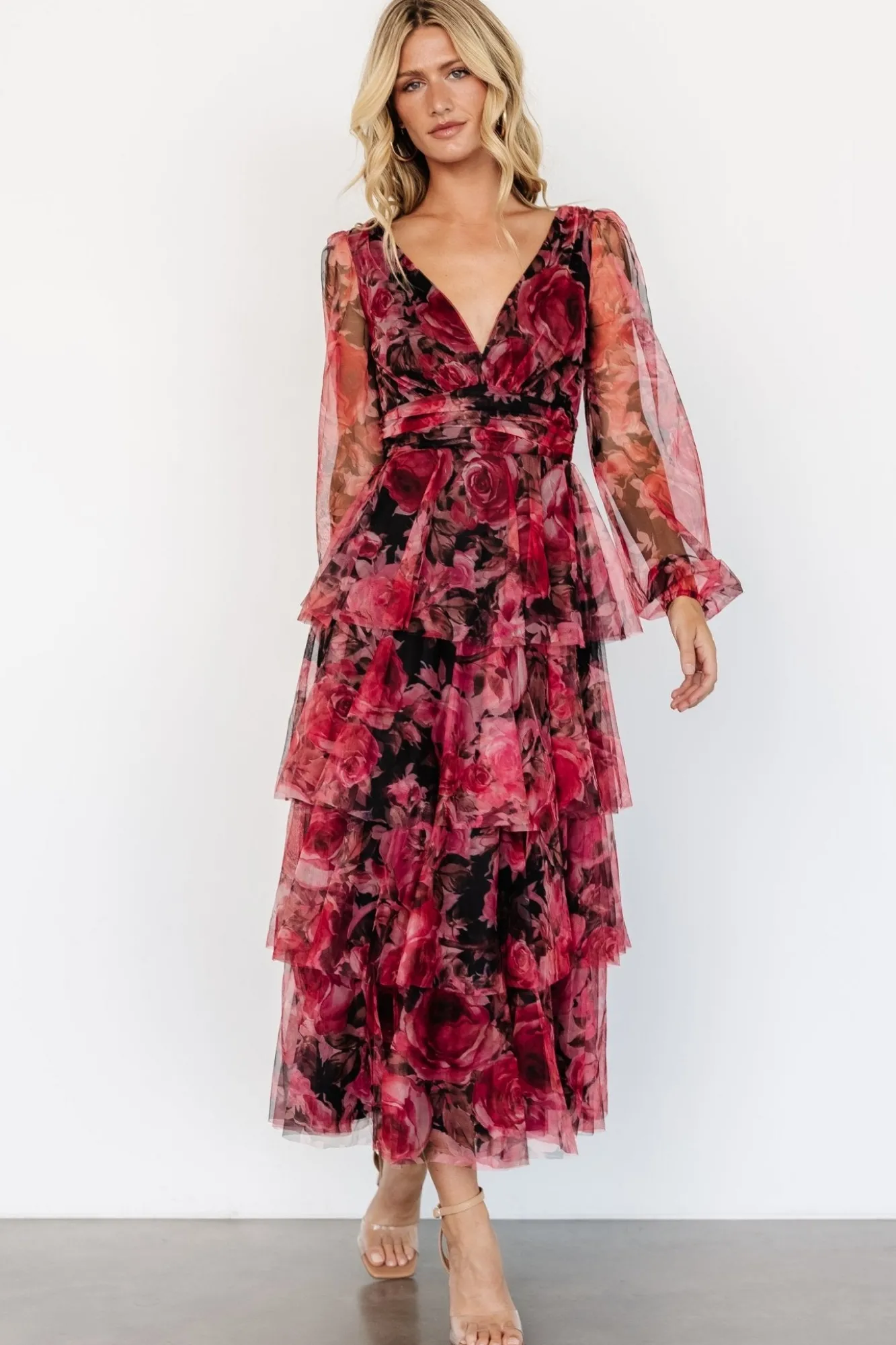Baltic Born Carolina Tulle Tiered Maxi Dress | Red + Black Floral
