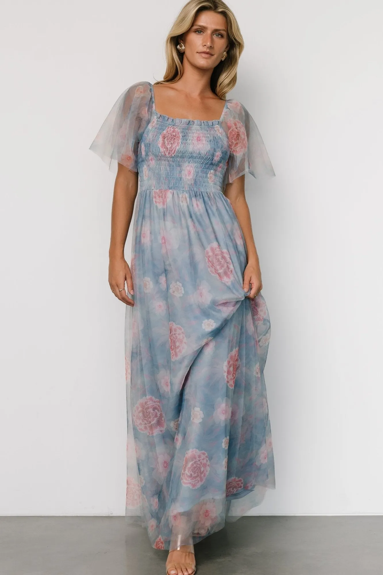 Baltic Born Cassandra Tulle Maxi Dress | Light Blue + Pink Floral
