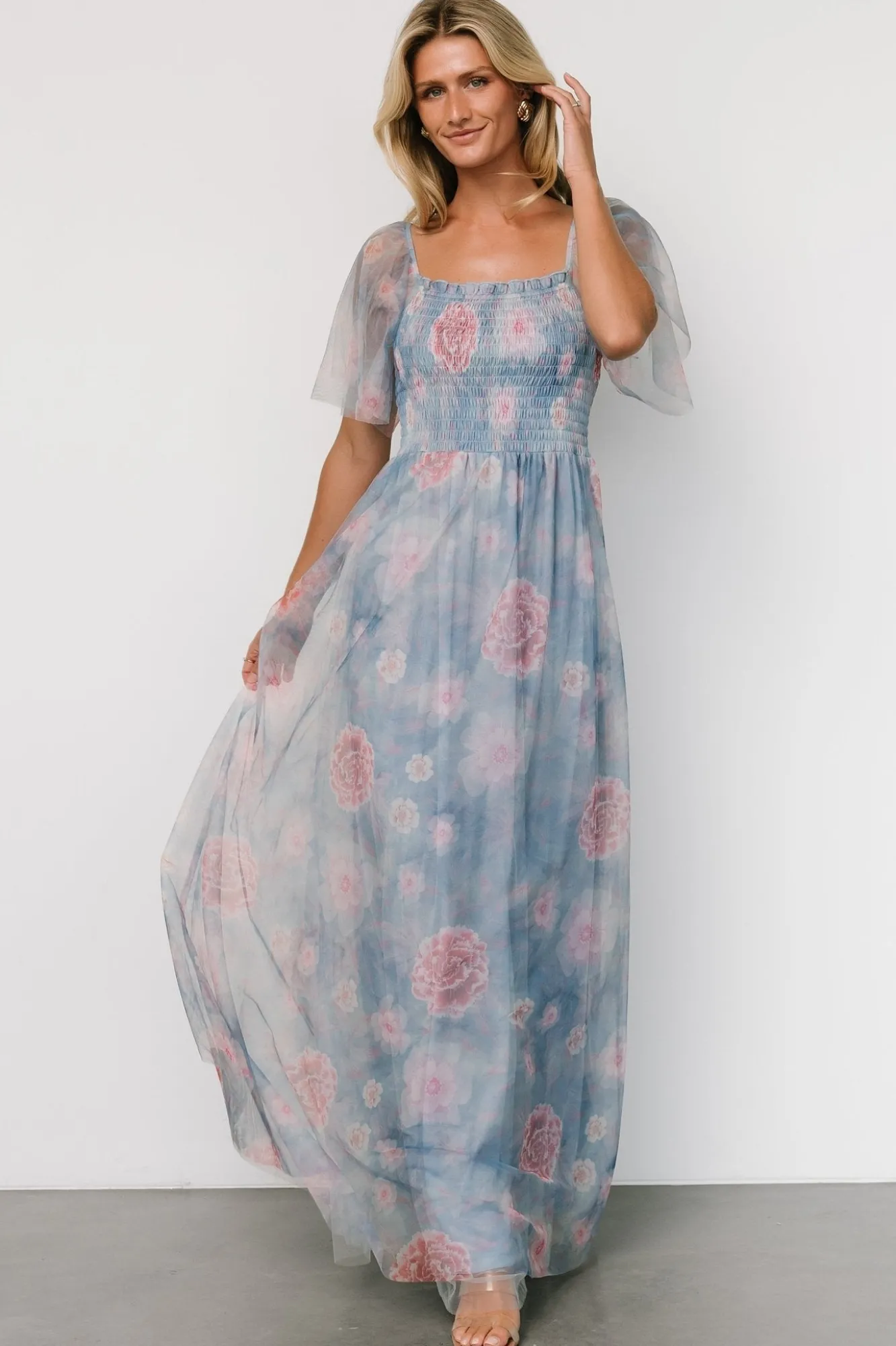 Baltic Born Cassandra Tulle Maxi Dress | Light Blue + Pink Floral