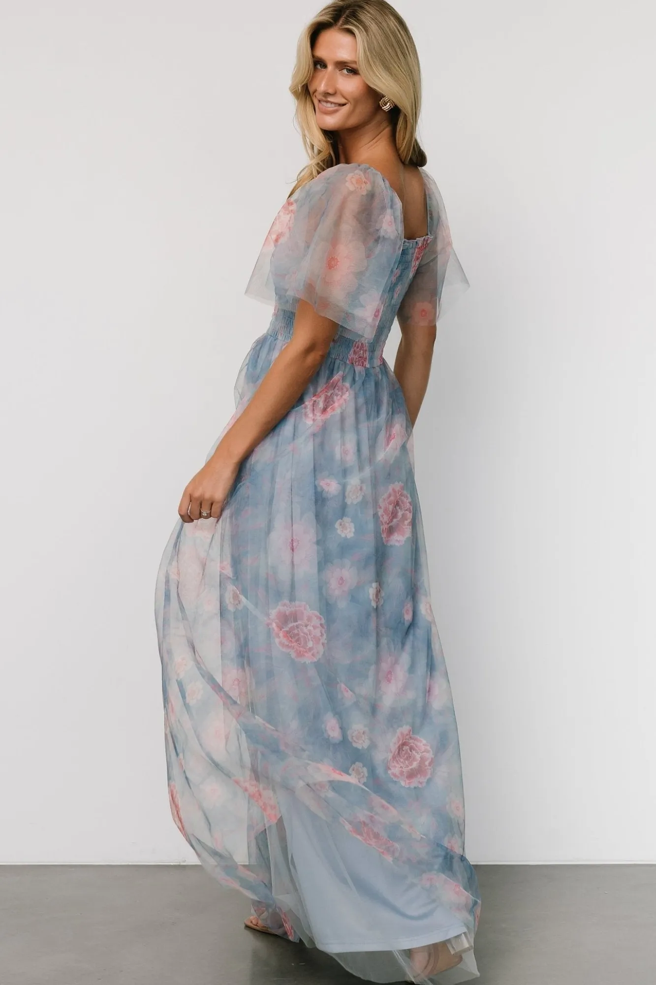 Baltic Born Cassandra Tulle Maxi Dress | Light Blue + Pink Floral