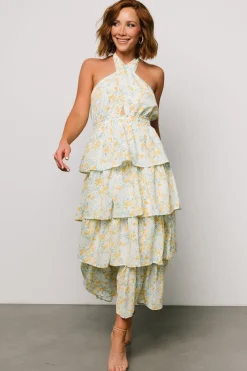 Baltic Born Chelles Halter Tiered Dress | Blue + Yellow