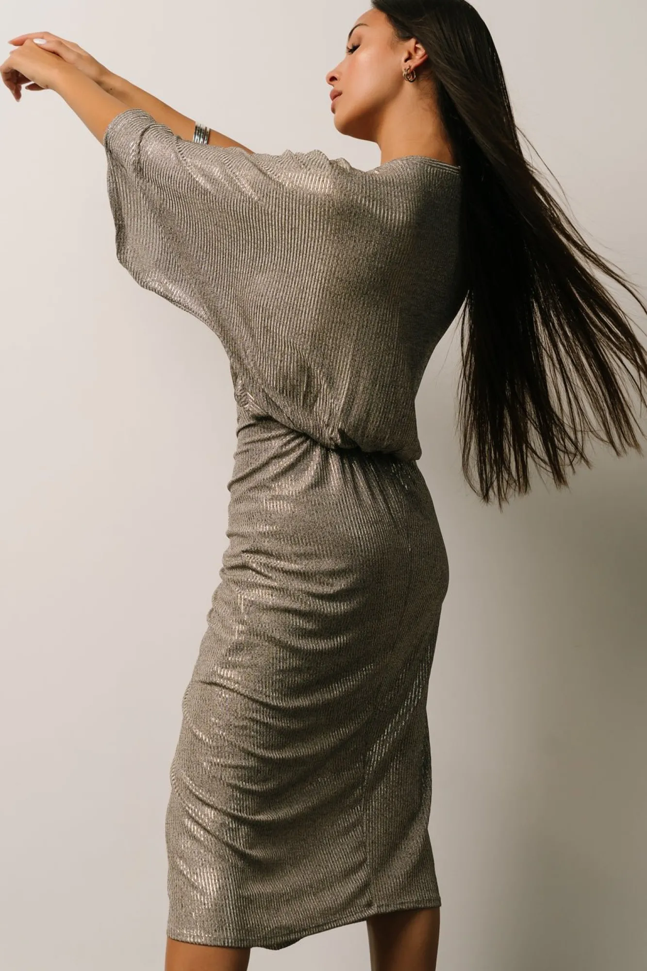 Baltic Born Ciara Ruched Midi Dress | Silver Metallic