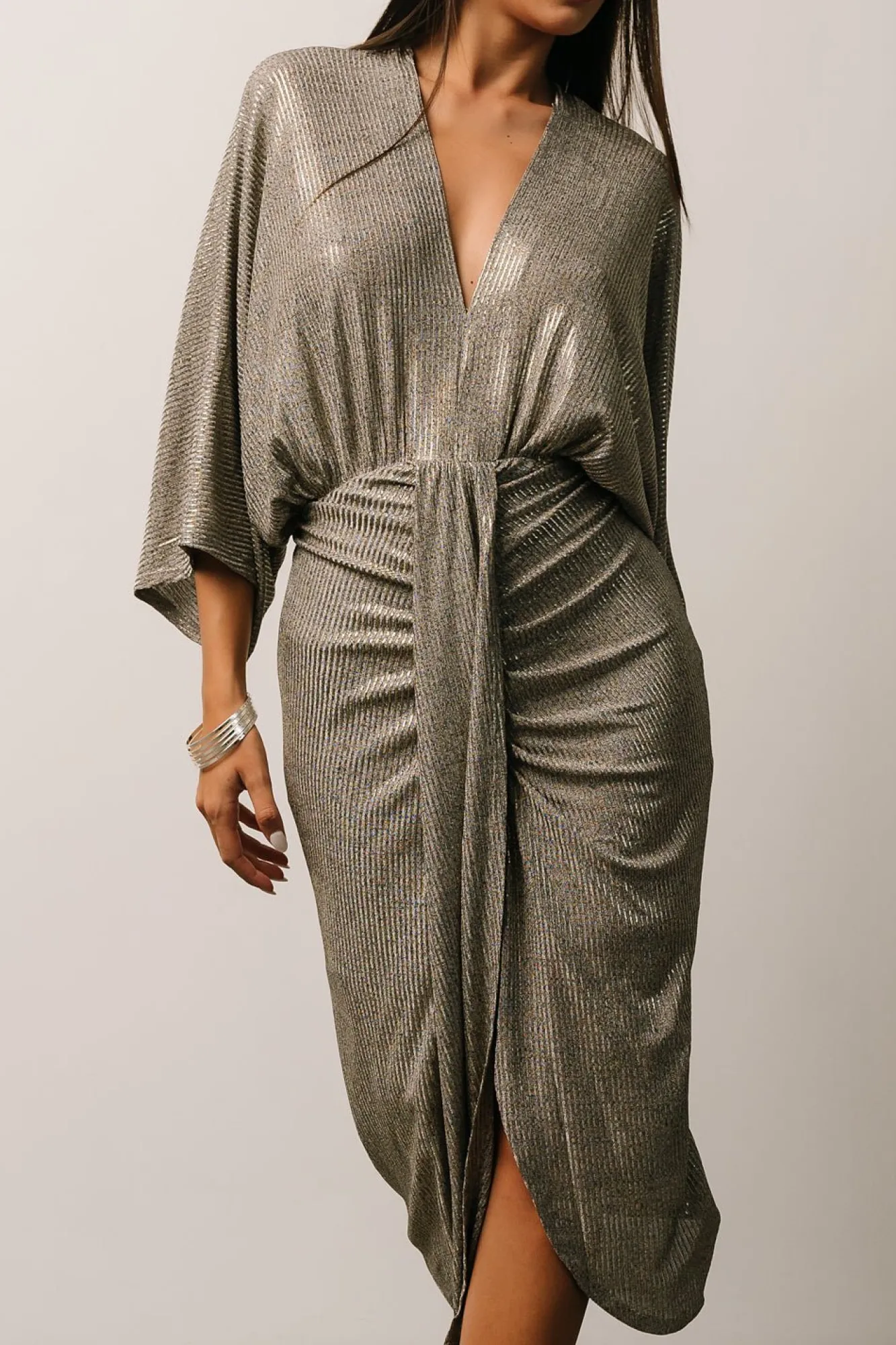 Baltic Born Ciara Ruched Midi Dress | Silver Metallic