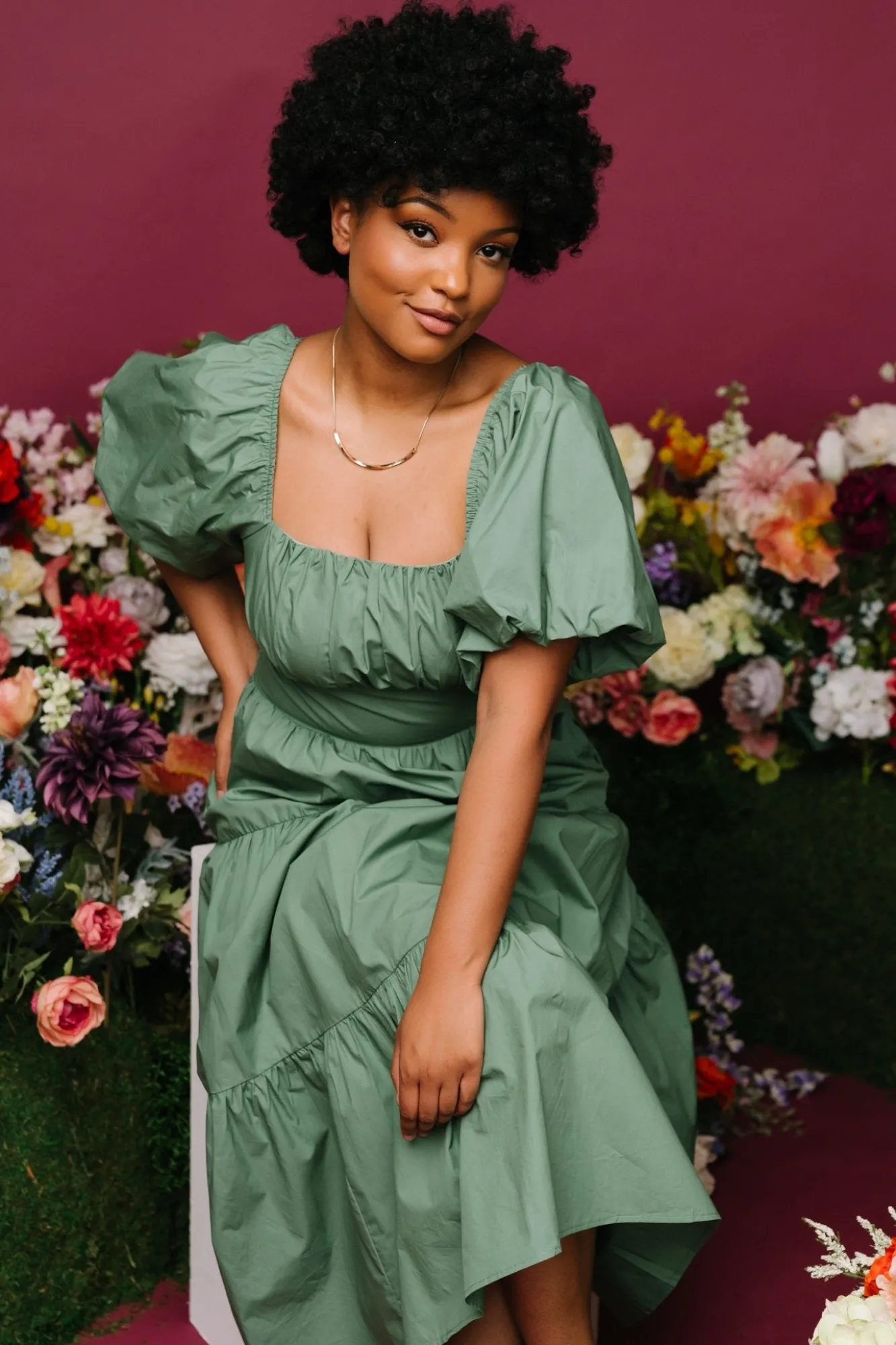 Baltic Born Cindy Puff Sleeve Tiered Dress | Dusty Green