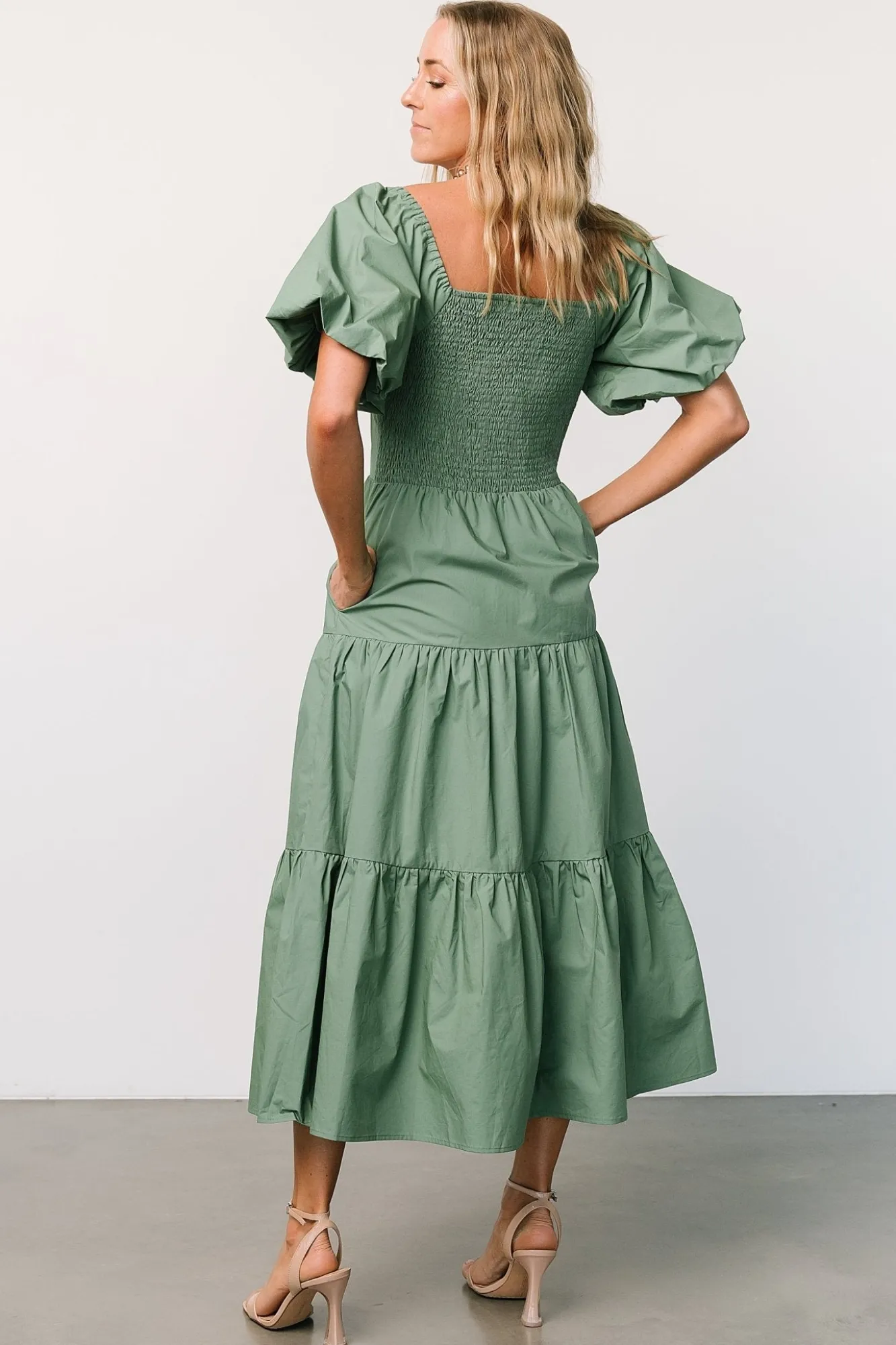 Baltic Born Cindy Puff Sleeve Tiered Dress | Dusty Green