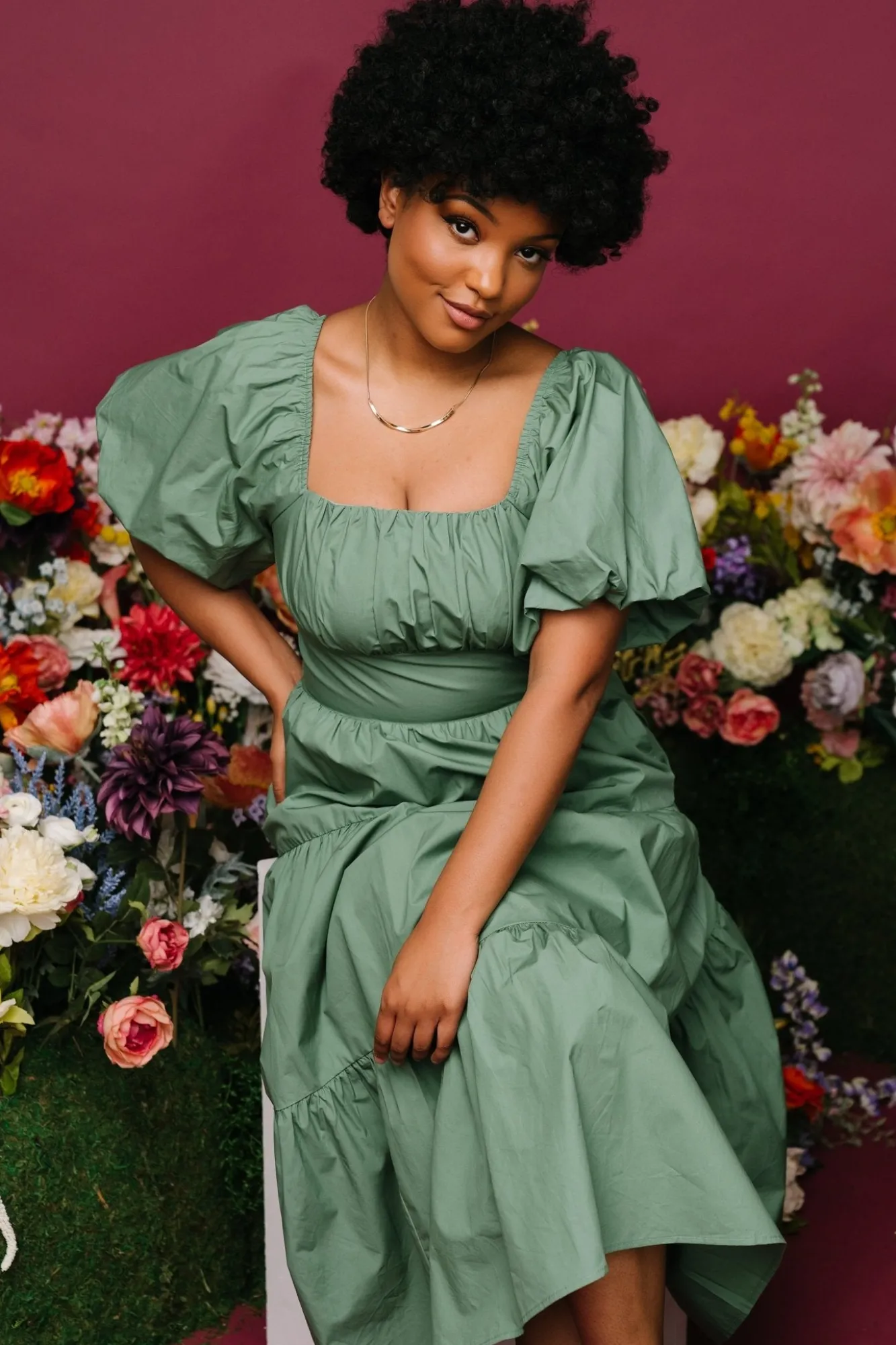 Baltic Born Cindy Puff Sleeve Tiered Dress | Dusty Green