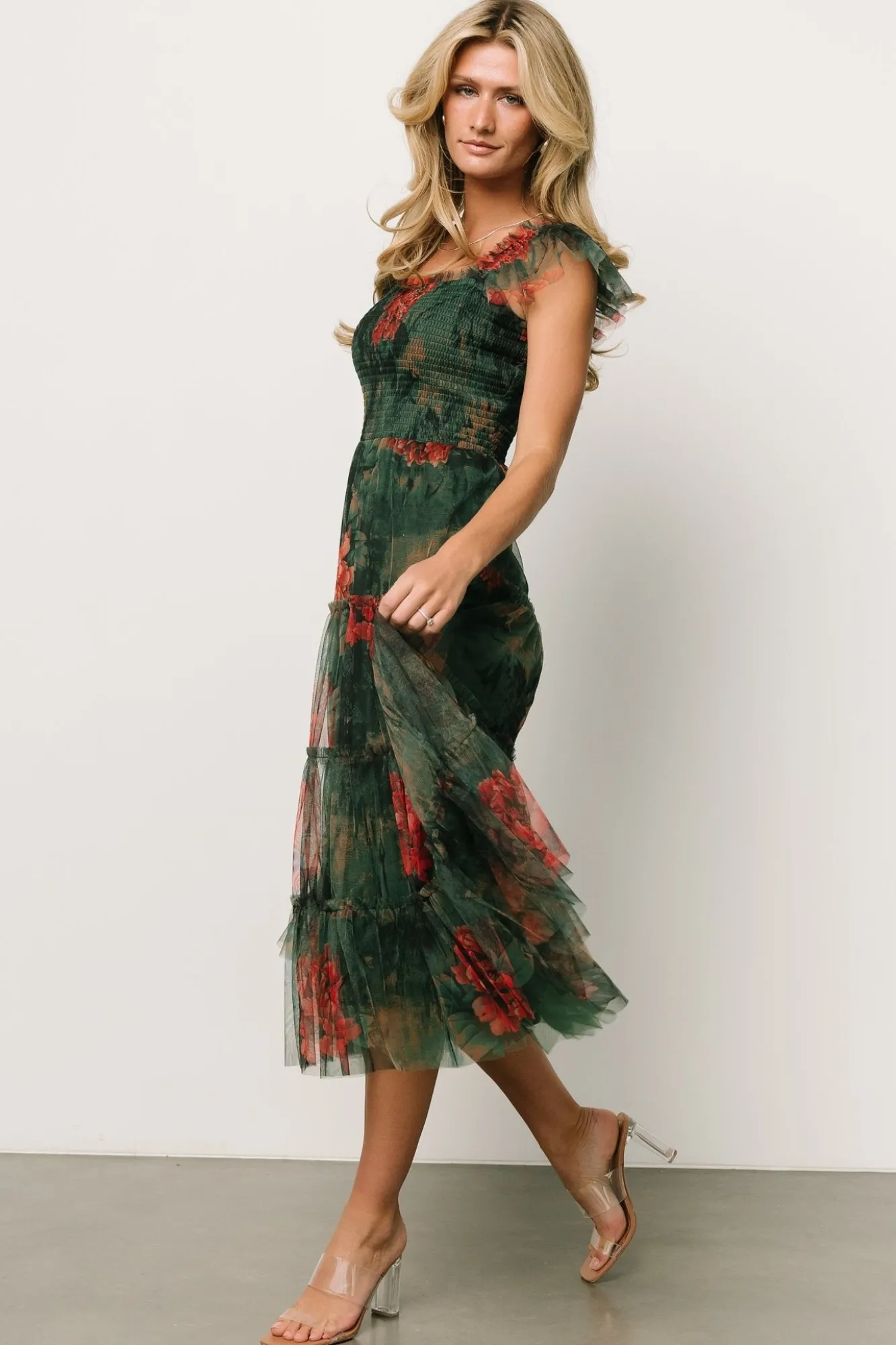 Baltic Born Clementine Tulle Midi Dress | Dark Green Floral