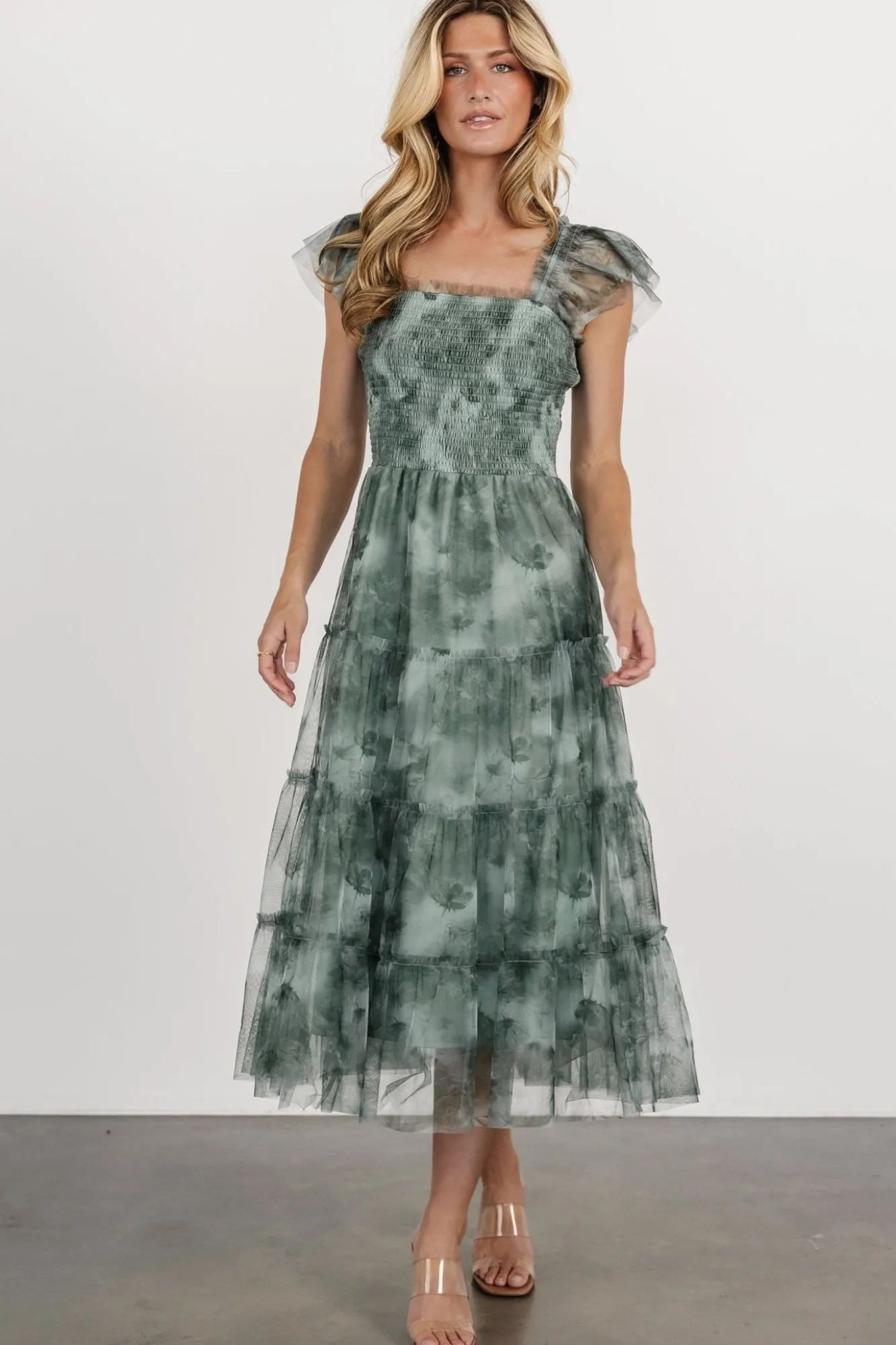 Baltic Born Clementine Tulle Midi Dress | Dusty Green Print