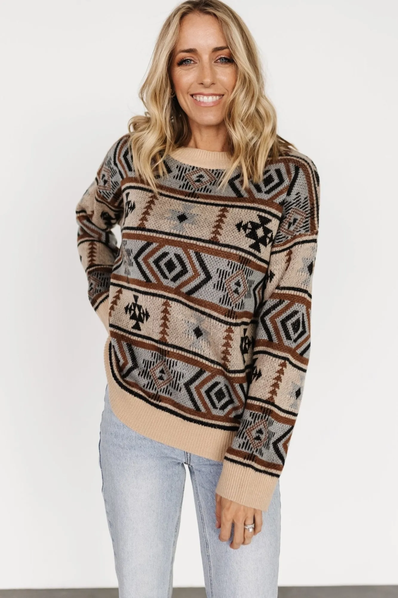 Baltic Born Conrad Knit Sweater | Tan Multi Print