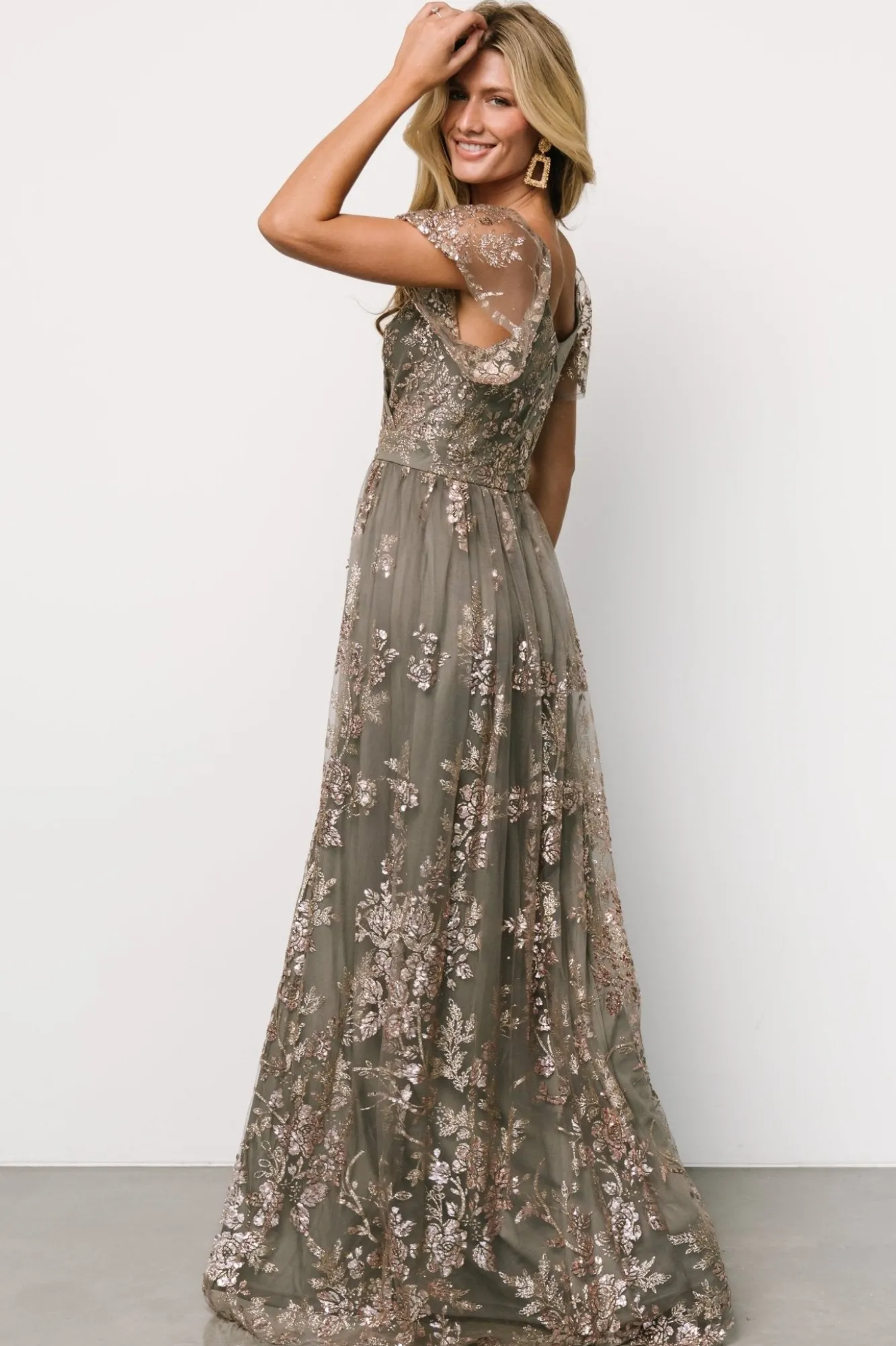 Baltic Born Corinne Shimmer Maxi Gown | Dark Sage + Rose Gold