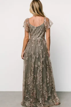 Baltic Born Corinne Shimmer Maxi Gown | Dark Sage + Rose Gold