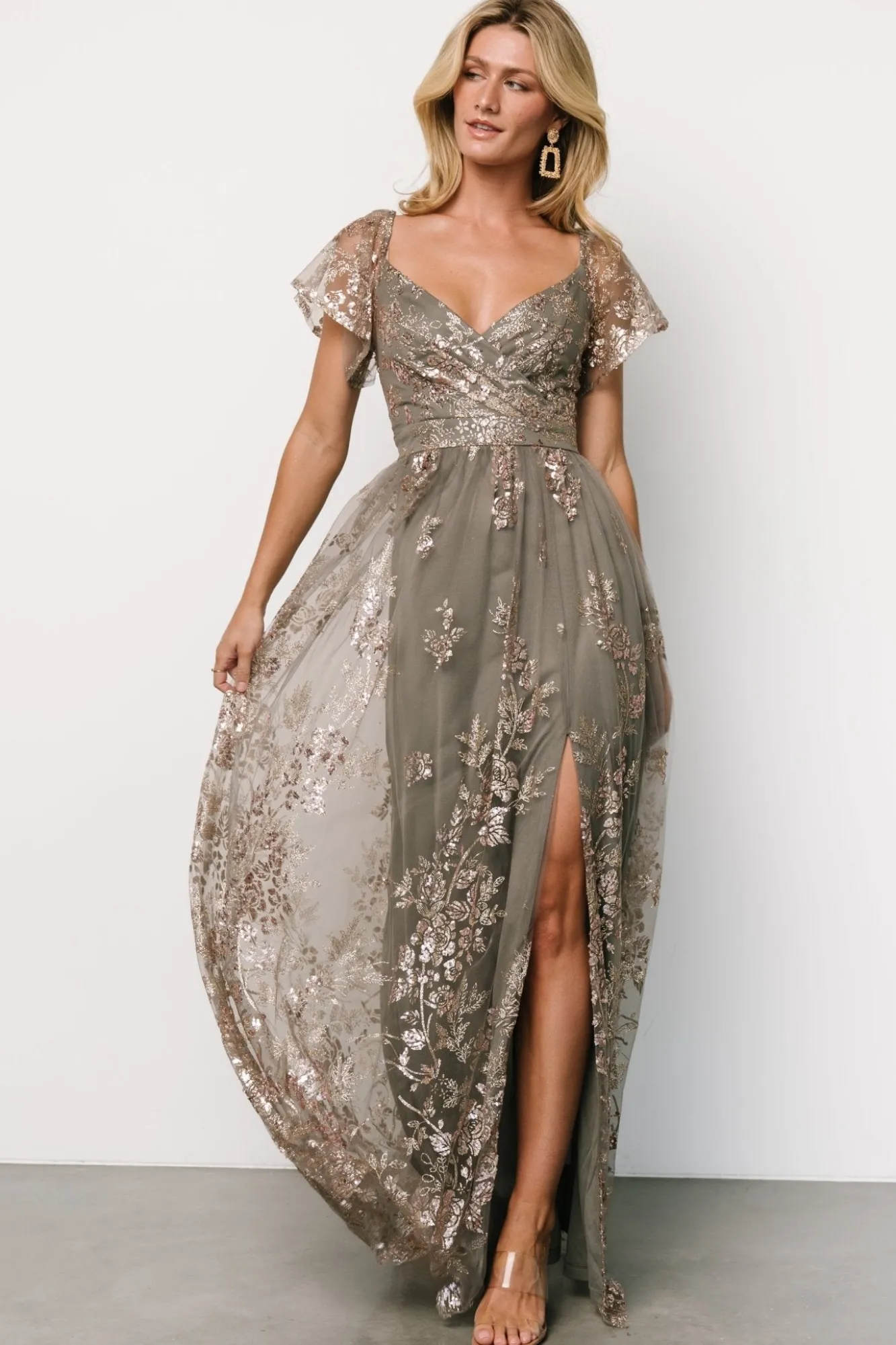 Baltic Born Corinne Shimmer Maxi Gown | Dark Sage + Rose Gold