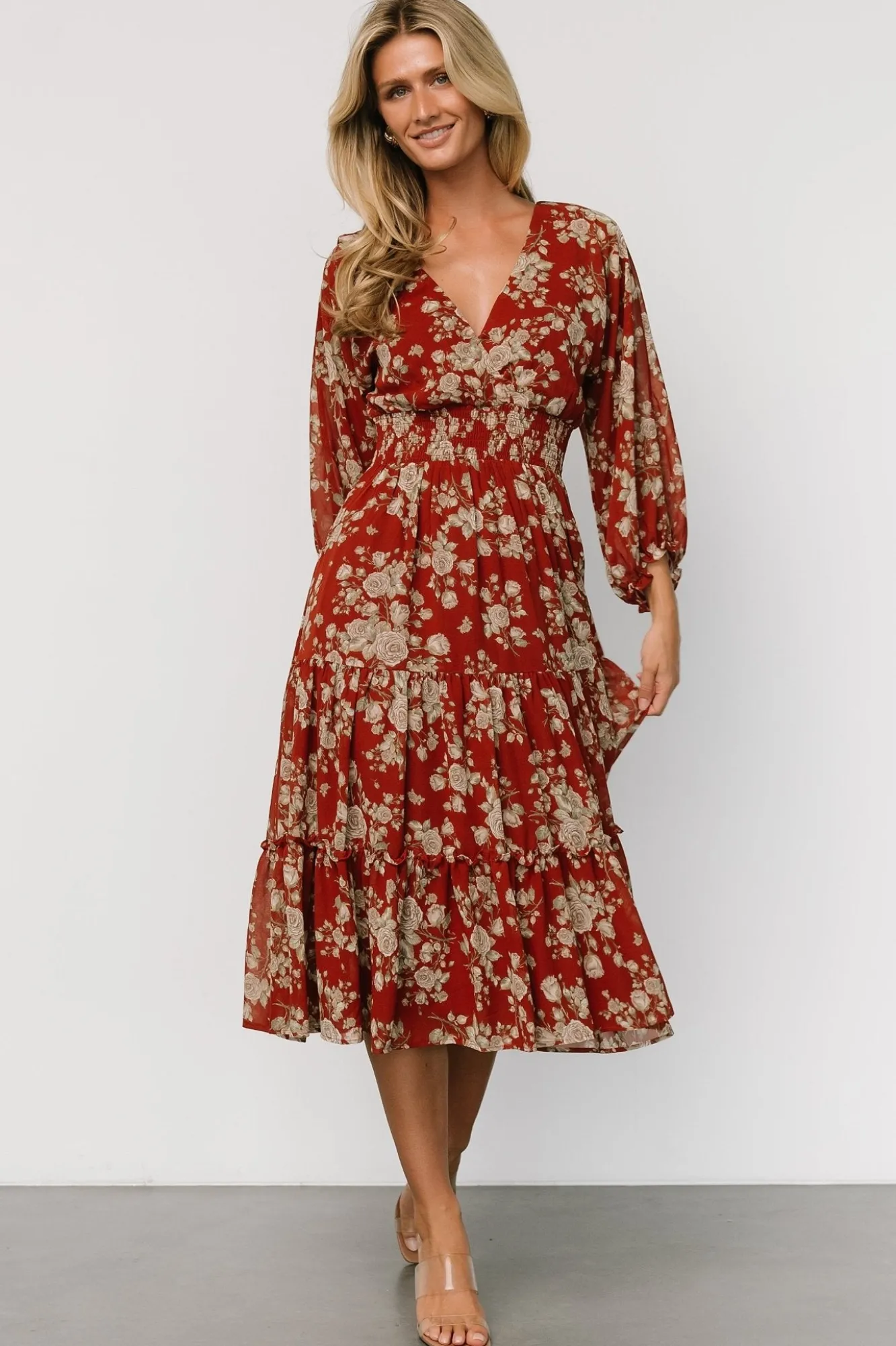 Baltic Born Coventry Tiered Midi Dress | Rust Floral
