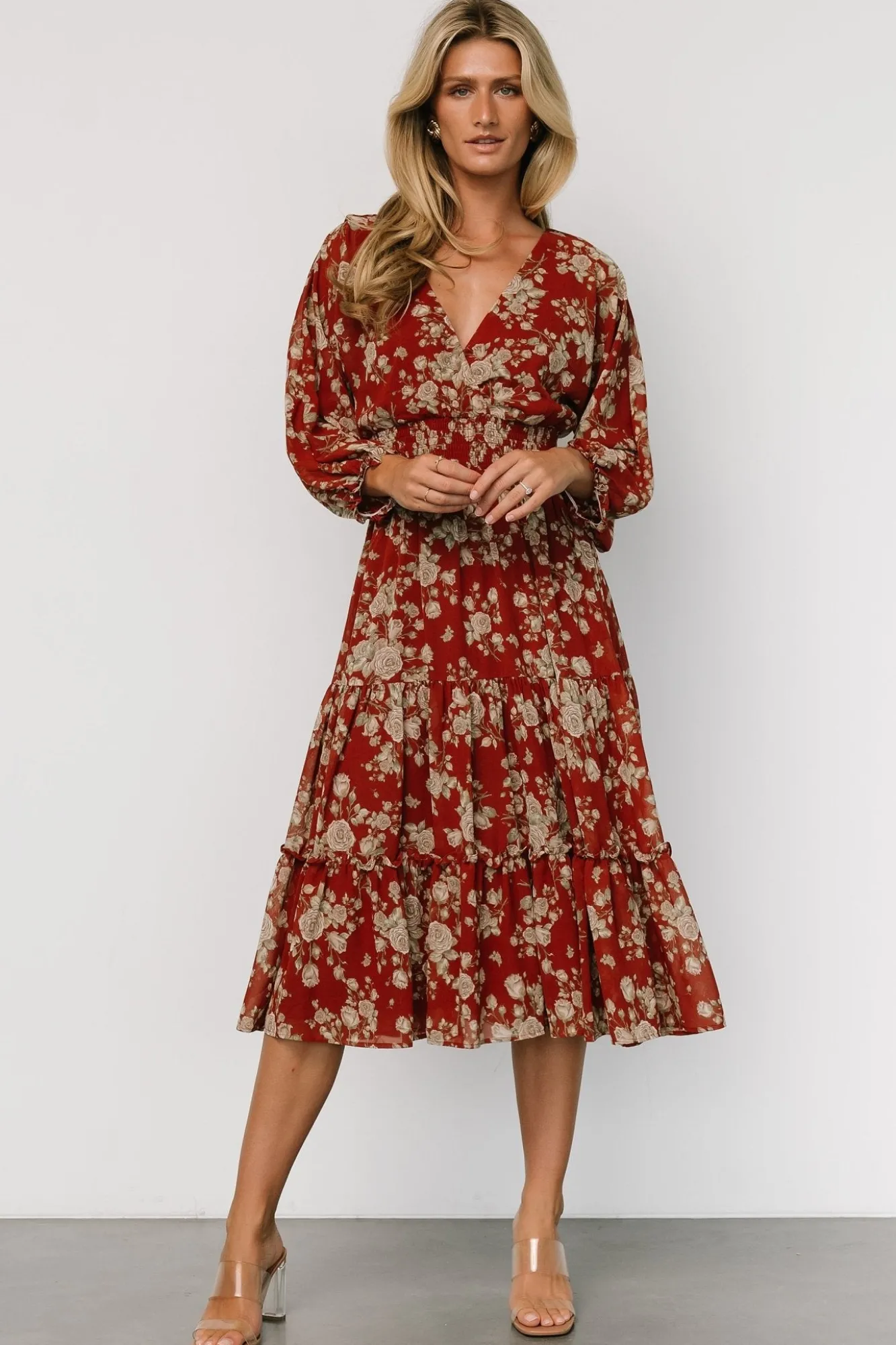 Baltic Born Coventry Tiered Midi Dress | Rust Floral
