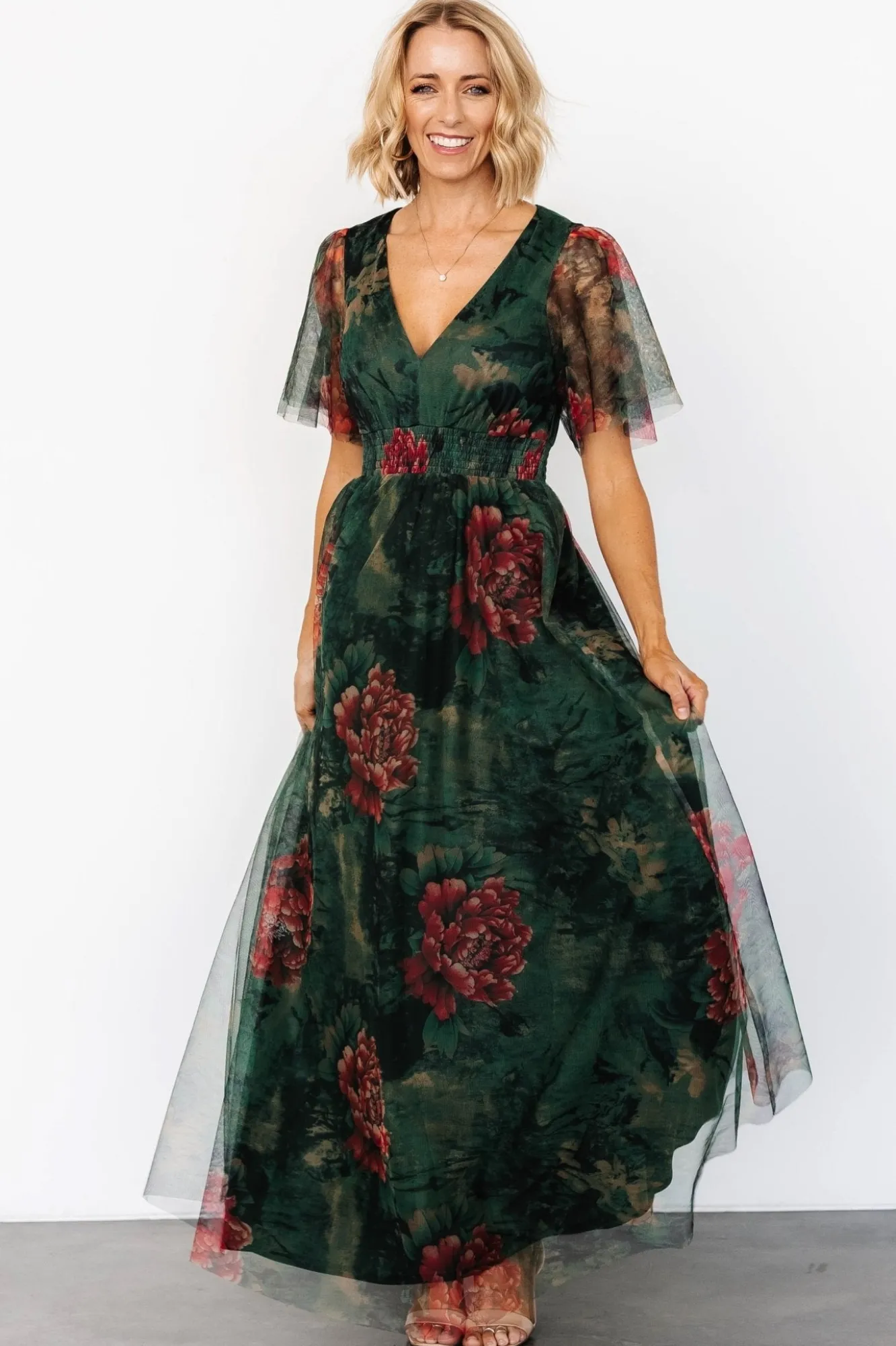 Baltic Born Cressida Tulle Maxi Dress | Dark Green + Red Floral