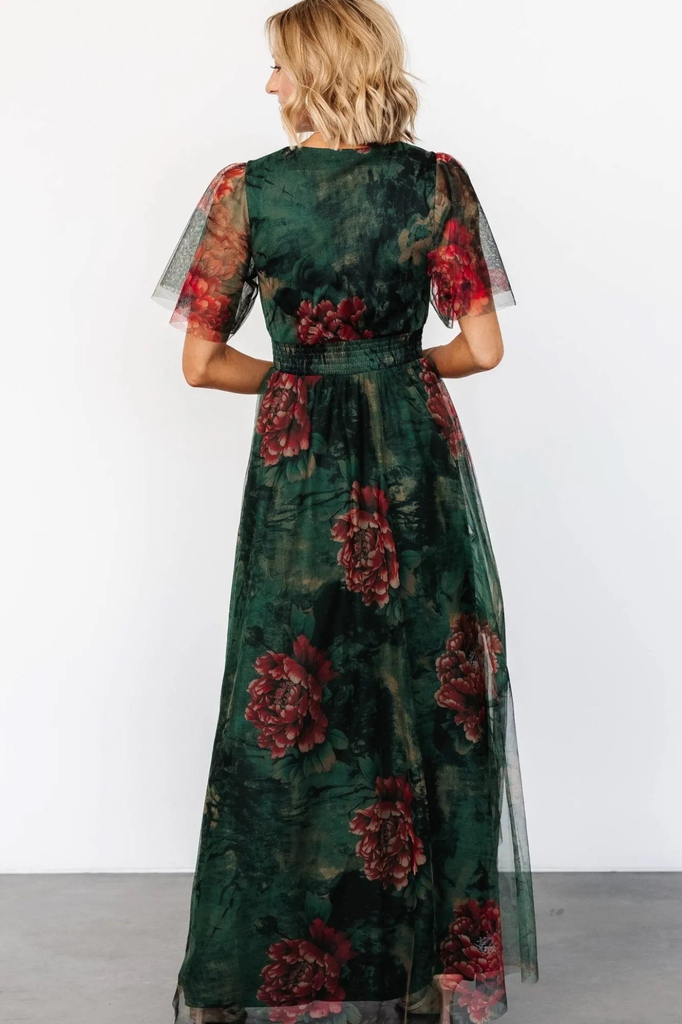 Baltic Born Cressida Tulle Maxi Dress | Dark Green + Red Floral